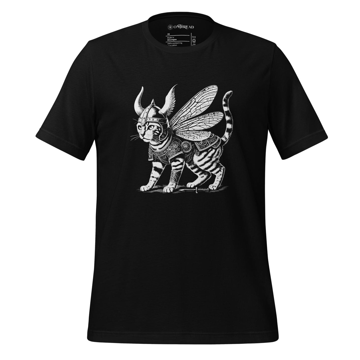 A black  t-shirt featuring a detailed illustration of a cat dressed as a Viking warrior, complete with armor, horned helmet, and insect-like wings. The cat stands confidently with intricate linework and patterns enhancing the design.