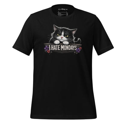 OMThread black t-shirt with grumpy tuxedo cat peeking over “I HATE MONDAYS” text, small floral accents, funny cat lover graphic tee