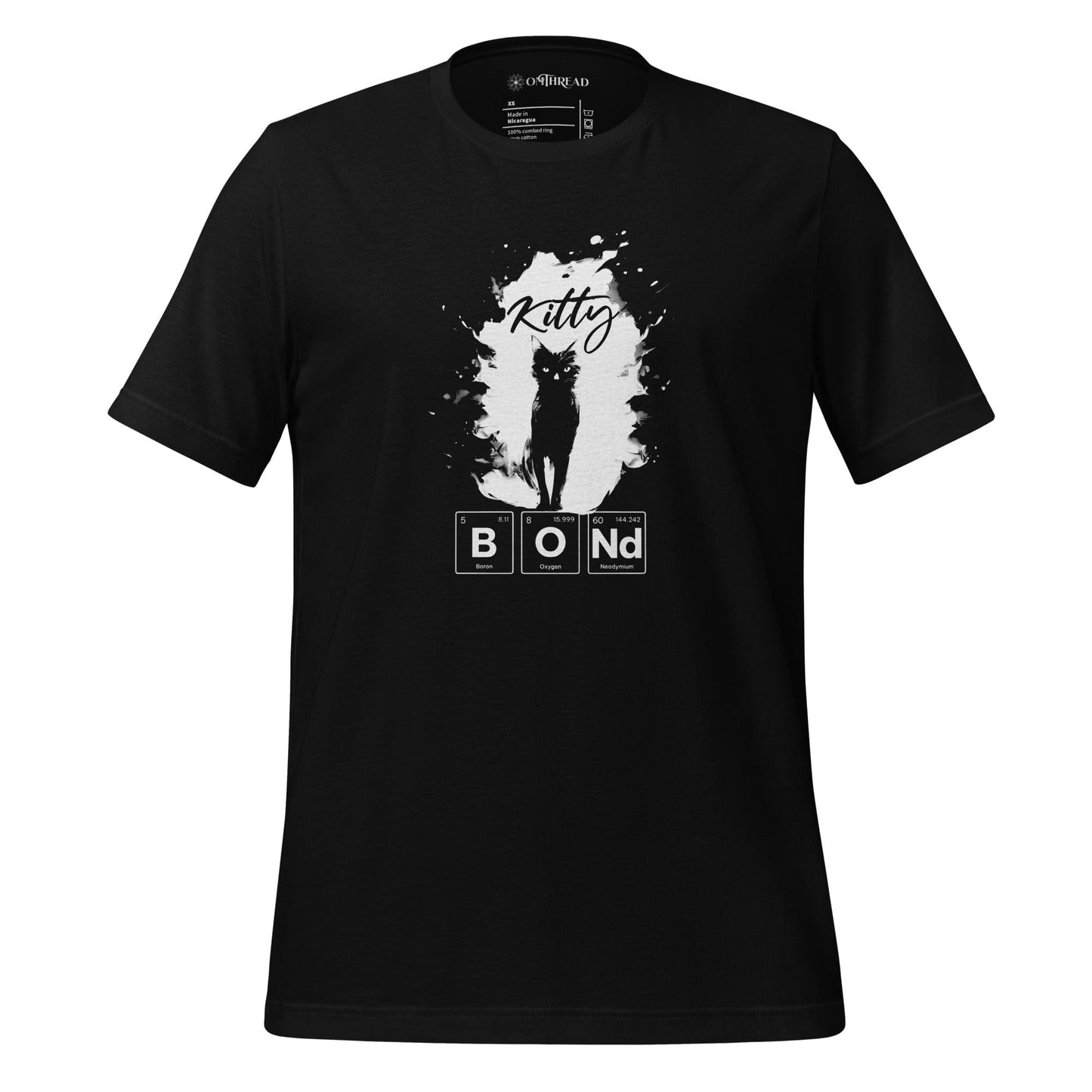 Black t-shirt featuring a silhouette of a black cat within a white paint splatter design. Above the cat, the word 'Kitty' is written in cursive, and below, 'BOND' is spelled out using periodic table elements: Boron (B), Oxygen (O), and Neodymium (Nd).