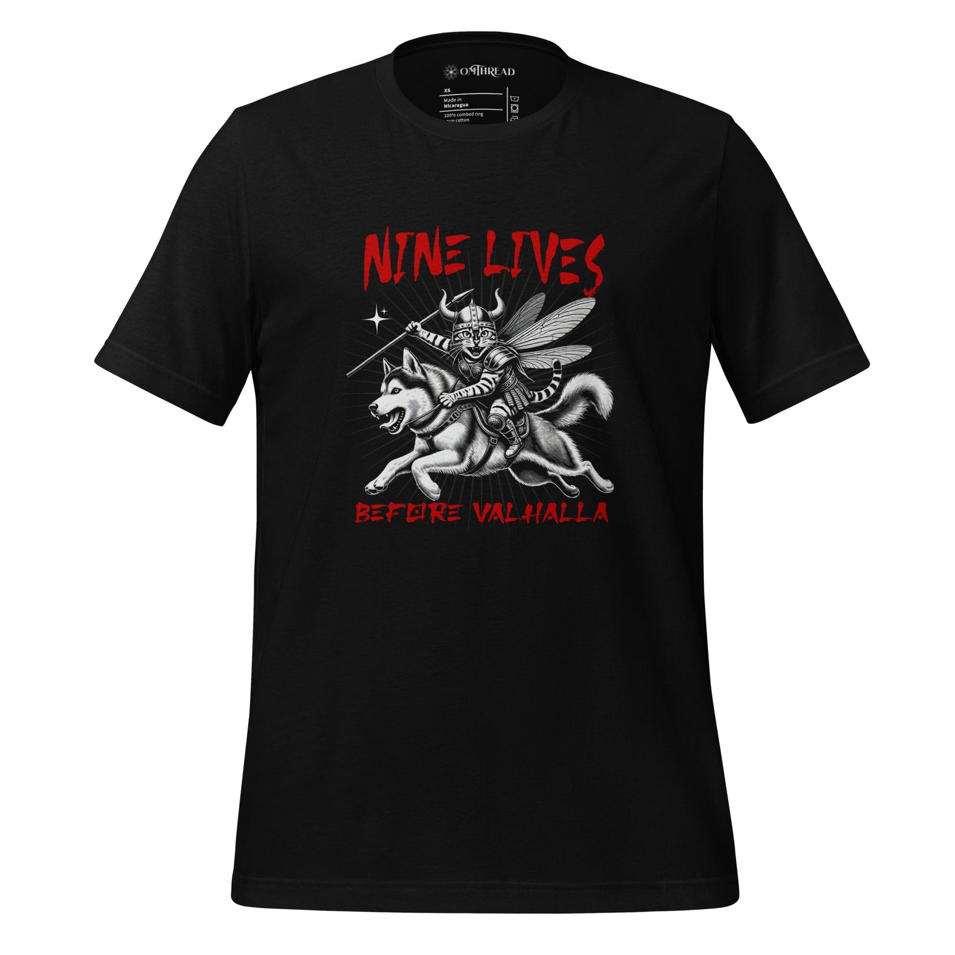 OMTHREAD Black / XS Nine Lives Before Valhalla T-Shirt | Viking Cat Warrior and Husky Tee