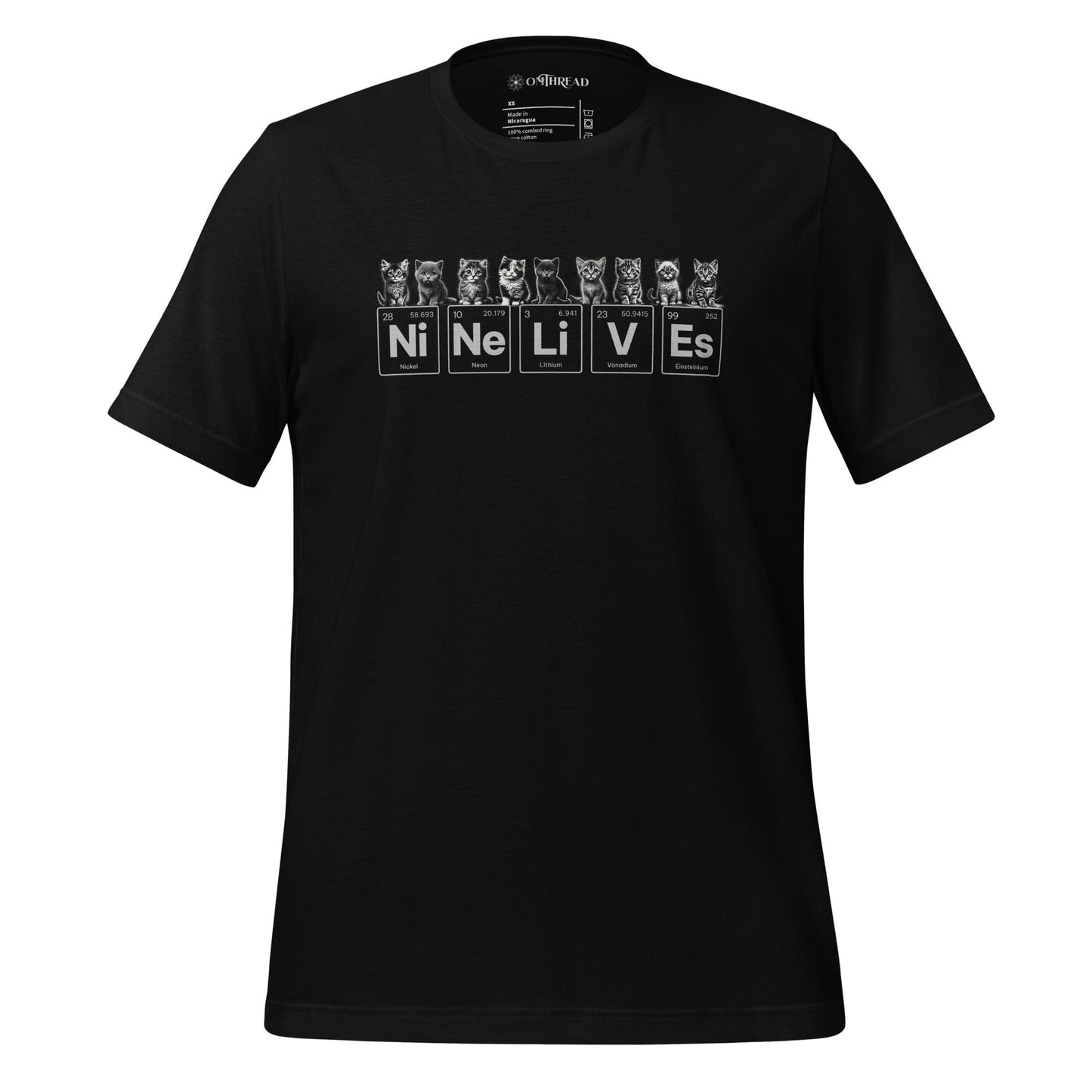 A black t-shirt featuring nine illustrated kittens, each with playful expressions, sitting above periodic table elements that spell 'Ni Ne Li V Es' (Nickel, Neon, Lithium, Vanadium, and Einsteinium), representing 'Nine Lives.