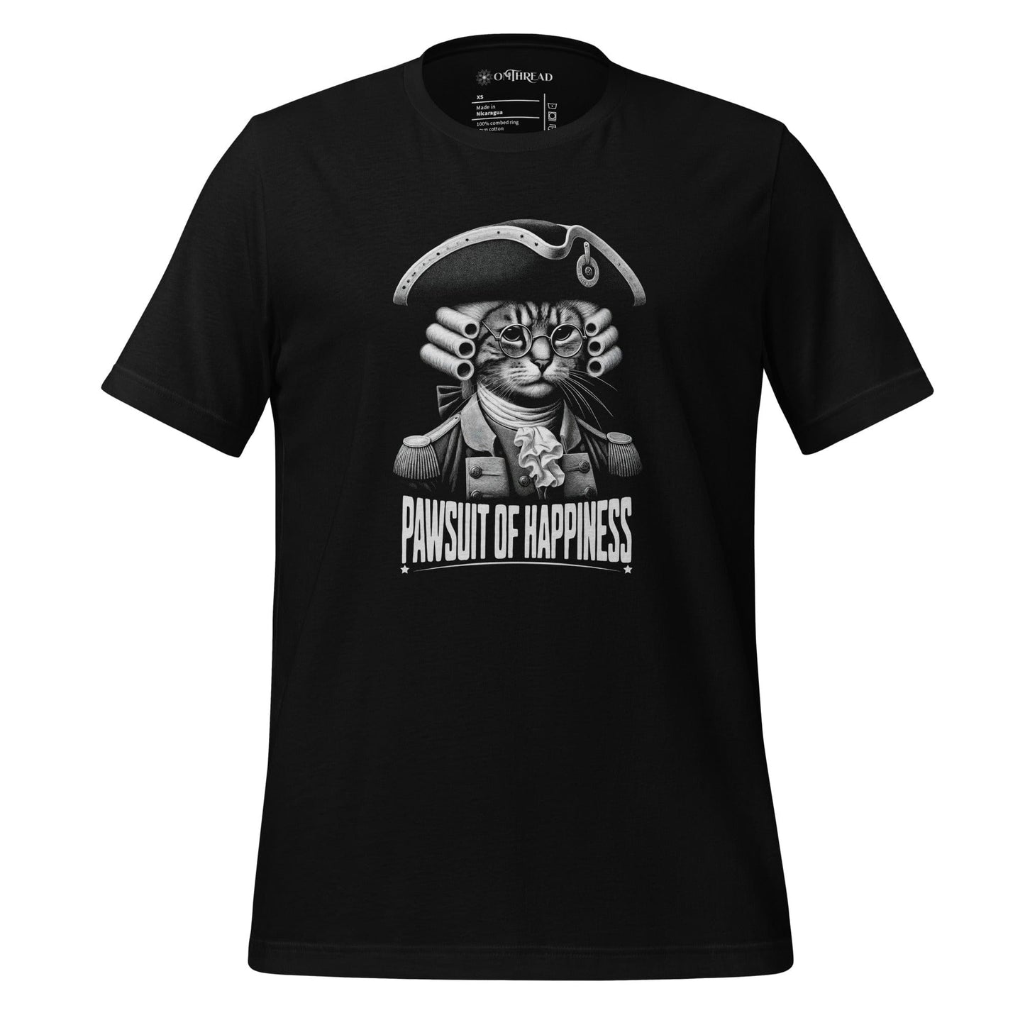 Black t-shirt featuring a humorous design of a cat dressed as a founding father in colonial attire, complete with a tricorne hat and glasses. The text, Pawsuit of Happiness is displayed below in bold, styled with stars and a decorative arch.