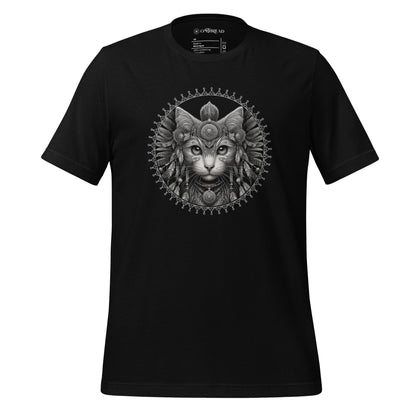 OMTHREAD Sacred Mandala Shaman Cat Black T-Shirt featuring a detailed mandala design with a cat and spiritual elements.