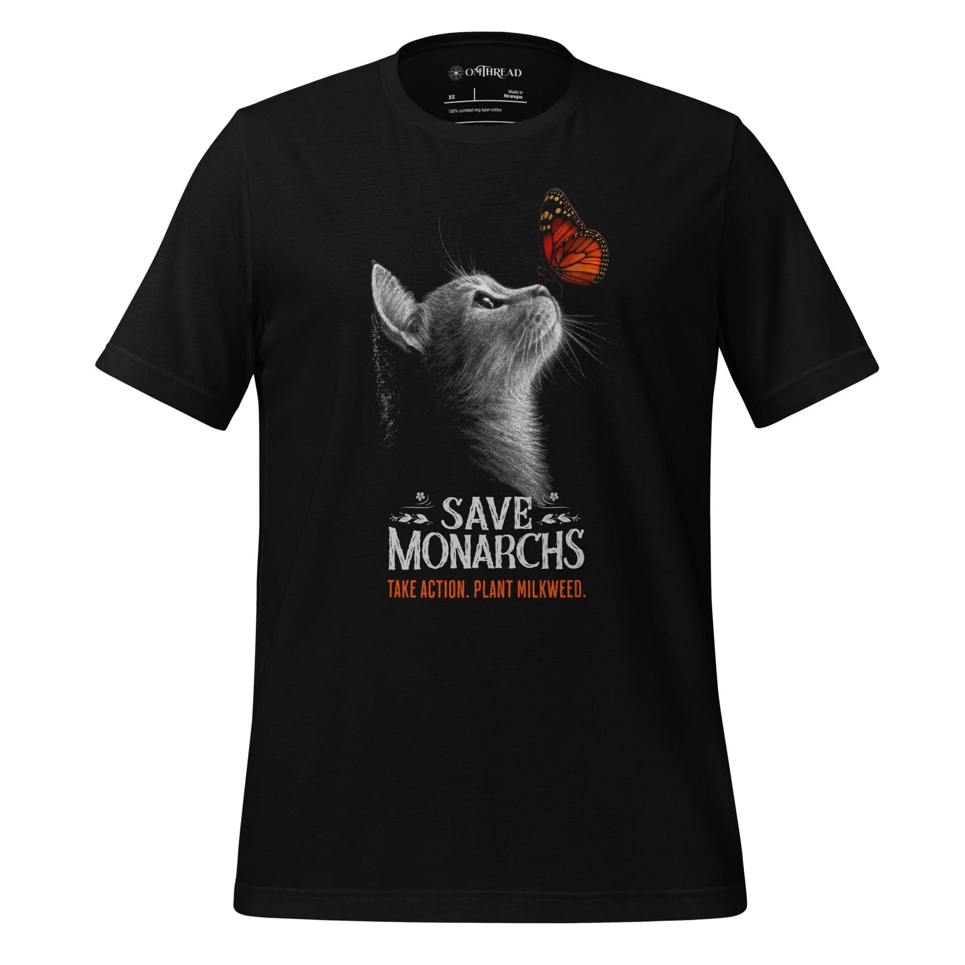 OMTHREAD Black / XS Save Monarchs, Take Action, Plant Milkweed Cat T-Shirt, Wildlife Conservation Gift Tee