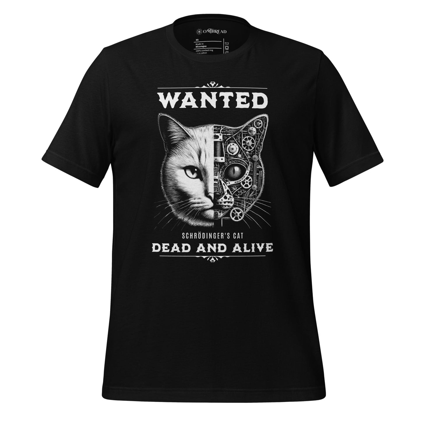 Black t-shirt featuring a design of Schrödinger's Cat with the text 'WANTED' above and 'DEAD AND ALIVE' below. The cat's face is half-realistic and half-mechanical, showcasing gears and intricate machinery on one side.