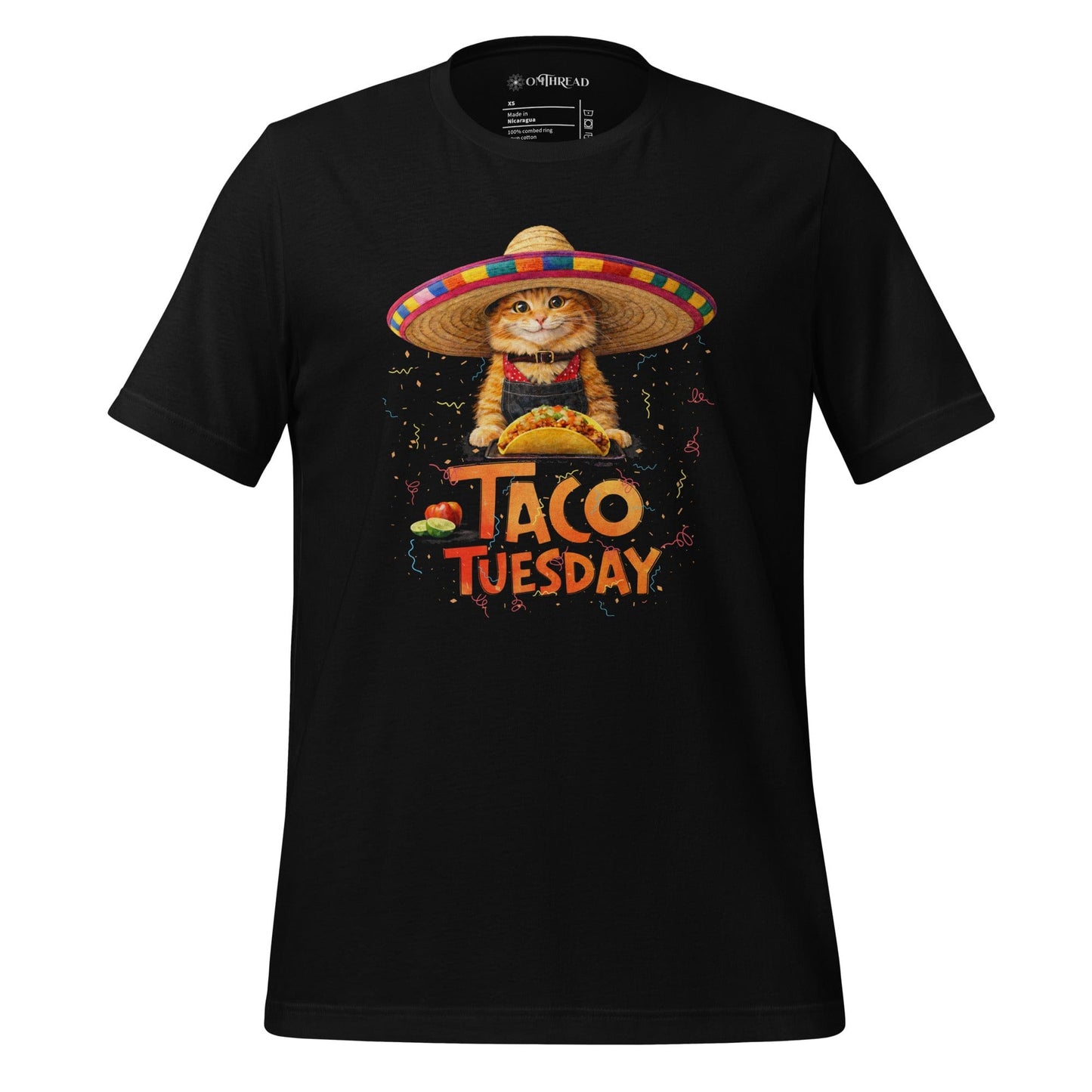 OMTHREAD Black / XS Taco Tuesday Orange Cat Shirt Sombrero Fiesta Funny Tee