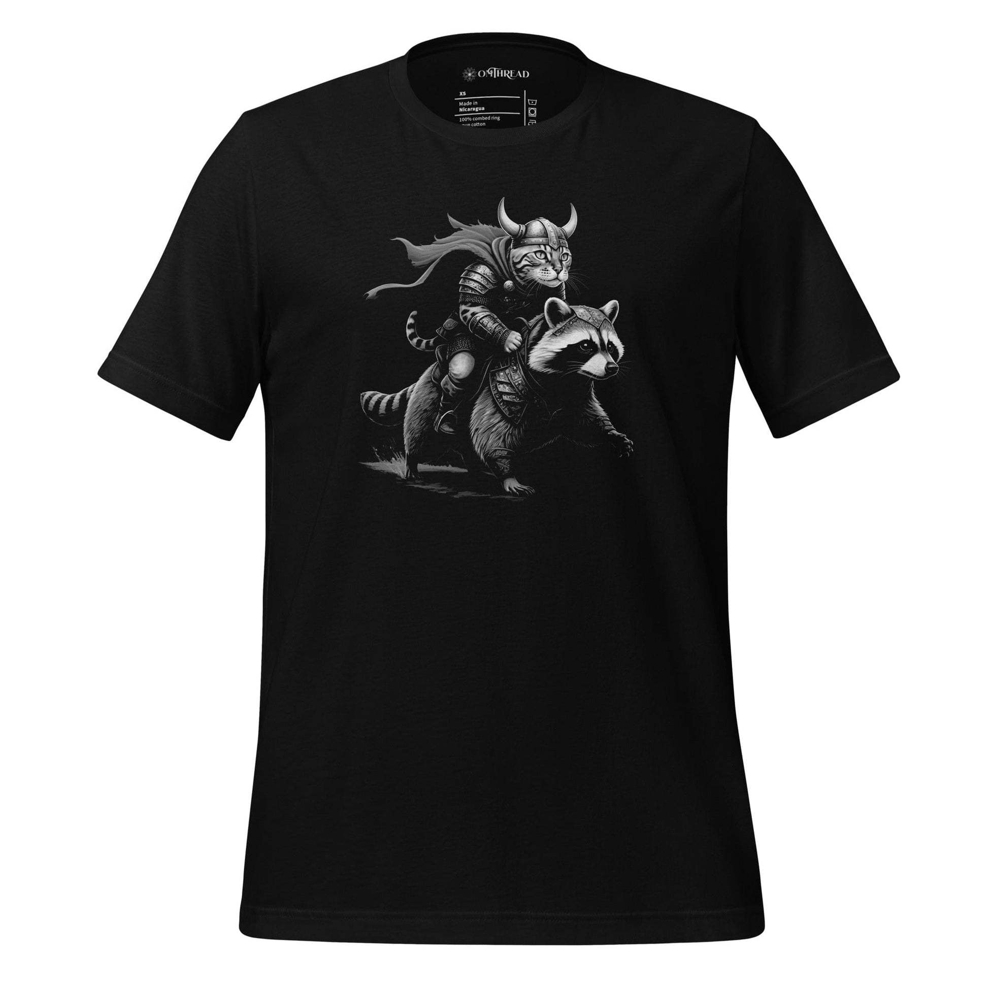 A black t-shirt featuring a Viking-themed illustration of a warrior cat wearing a horned helmet and armor, riding a fierce armored raccoon. 