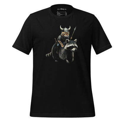 A black t-shirt featuring a detailed illustration of a Viking cat wearing a horned helmet and armor, holding a spear, and riding a fierce-looking raccoon. 