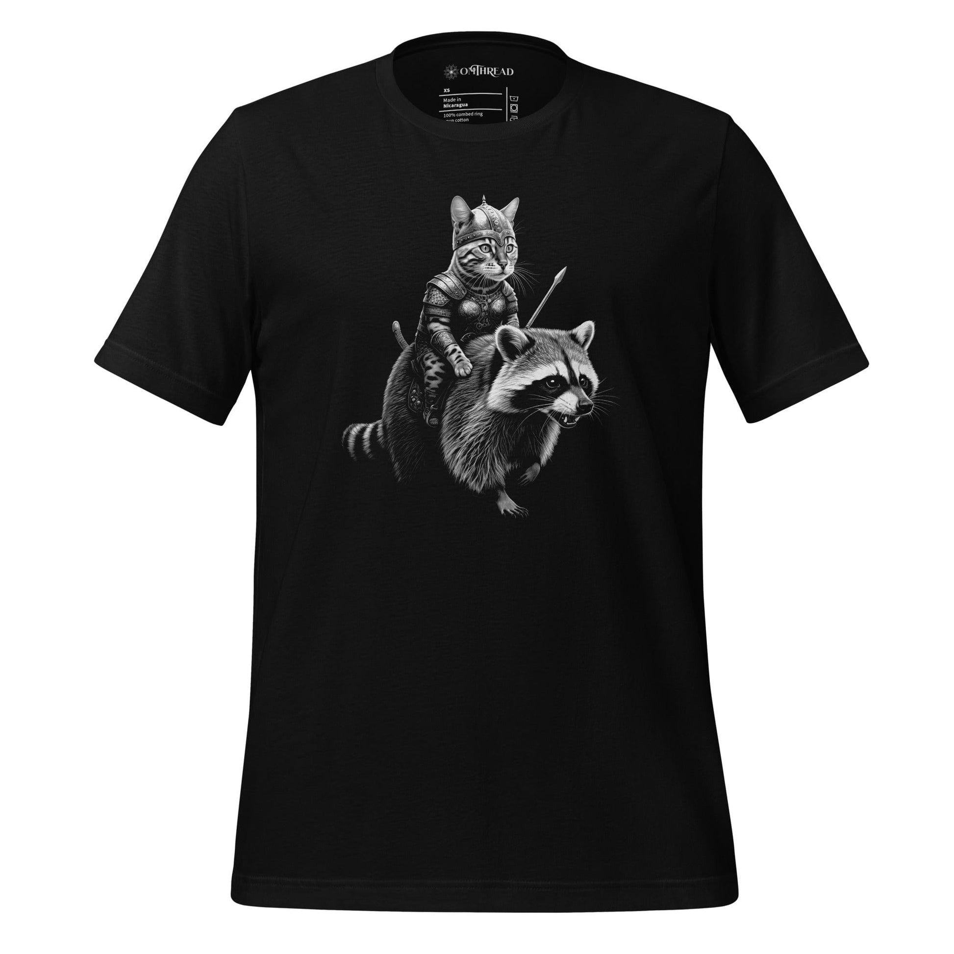 Black t-shirt featuring a Bengal cat dressed as a Viking warrior, riding a raccoon. The detailed design includes the cat in a horned helmet and armor, holding a spear, while the raccoon appears strong and determined.