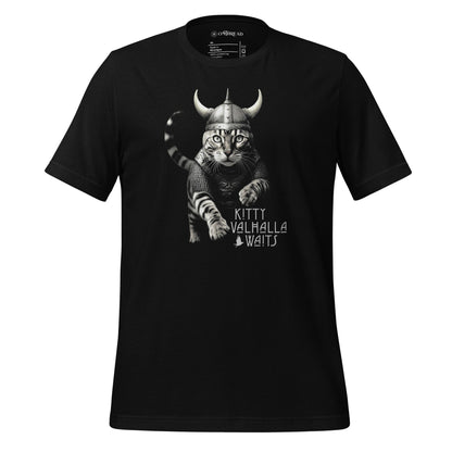 A black t-shirt featuring a Viking-themed design of a fierce bengal cat wearing a horned helmet and armor. The text below reads 'Kitty Valhalla Waits' in bold, stylized font. 