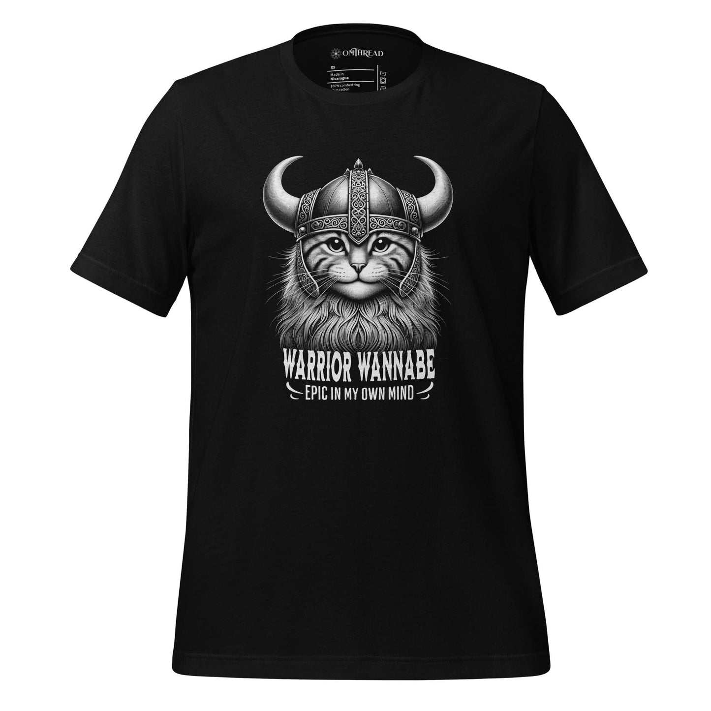 OMThread Warrior Wannabe Cat black T-Shirt featuring a Viking cat with a horned helmet and a majestic beard, humorously captioned Epic in My Own Mind