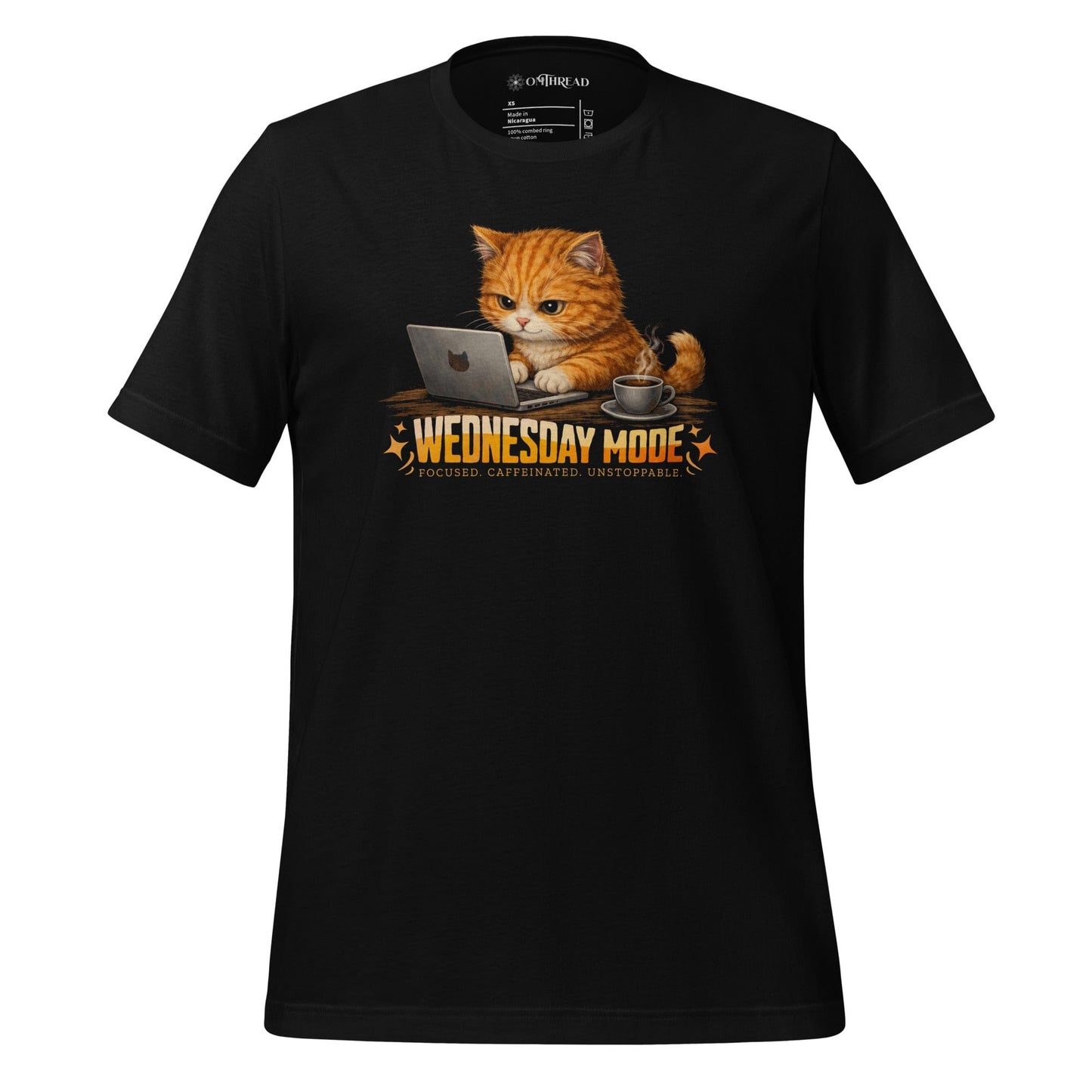 OMTHREAD Black / XS Wednesday Mode Cat Working on Laptop Funny Coffee Shirt