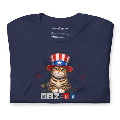 OMTHREAD Born in USA Patriotic Tabby Cat Science Graphic Tee 4th July
