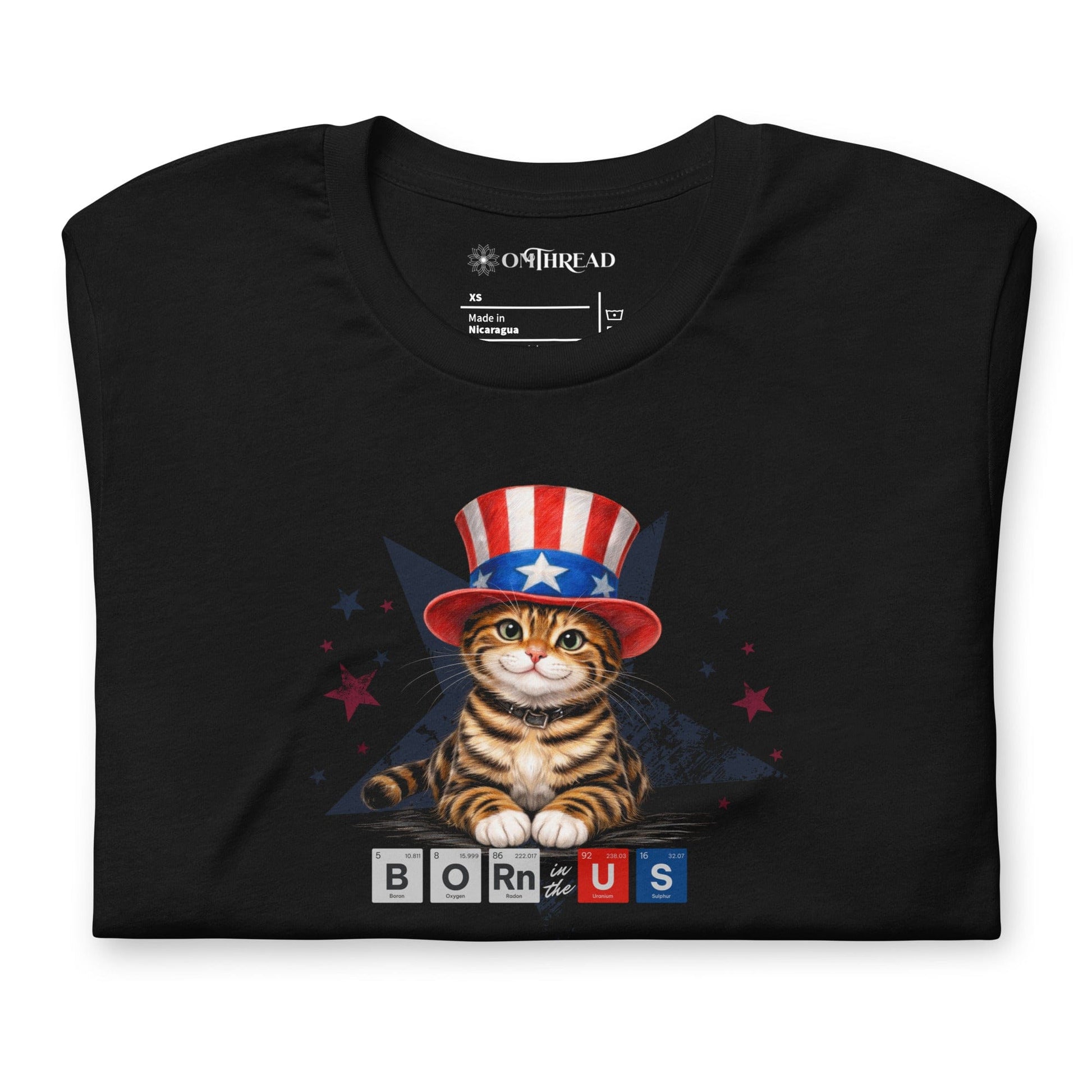 OMTHREAD Born in USA Patriotic Tabby Cat Science Graphic Tee 4th July