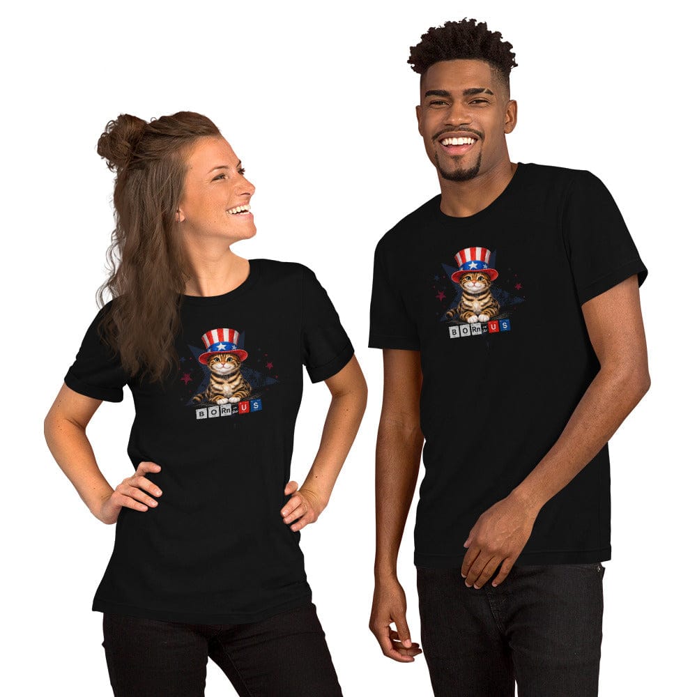 OMTHREAD Born in USA Patriotic Tabby Cat Science Graphic Tee 4th July