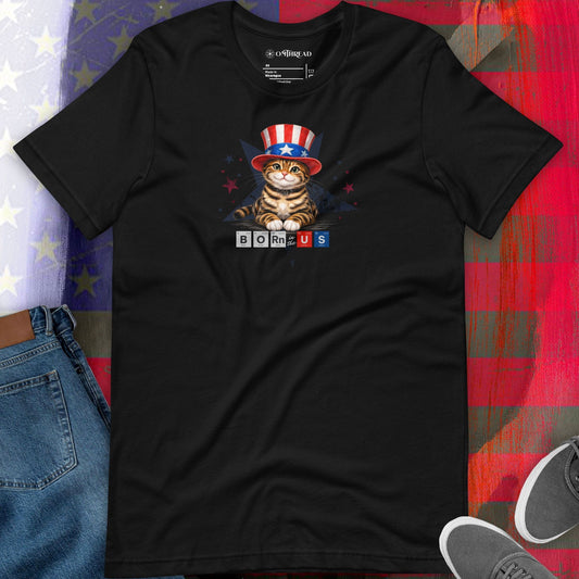 OMTHREAD Born in USA Patriotic Tabby Cat Science Graphic Tee 4th July