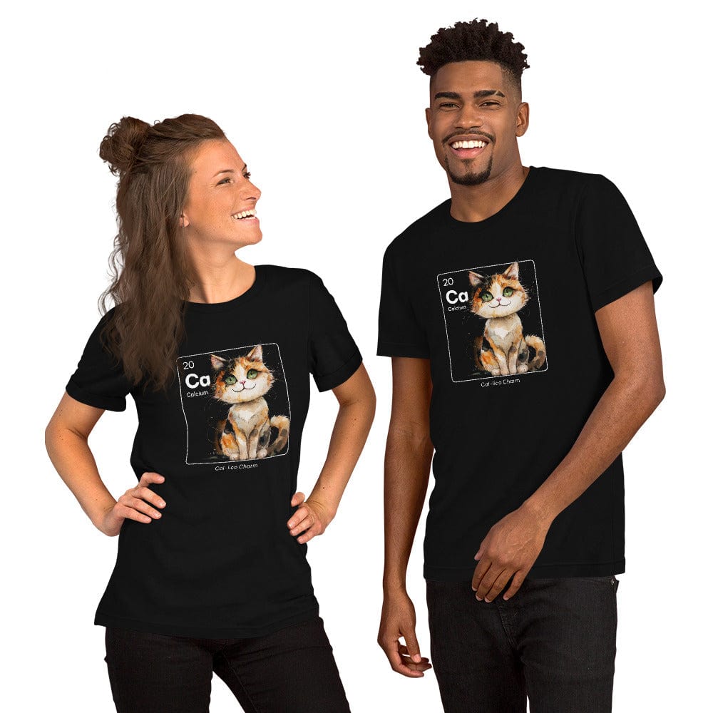 Man and woman wearing black t-shirt featuring a periodic table-inspired design of a charming, illustrated calico cat within a square labeled 'Ca' for Calcium. Text below reads 'Cal-lico Charm