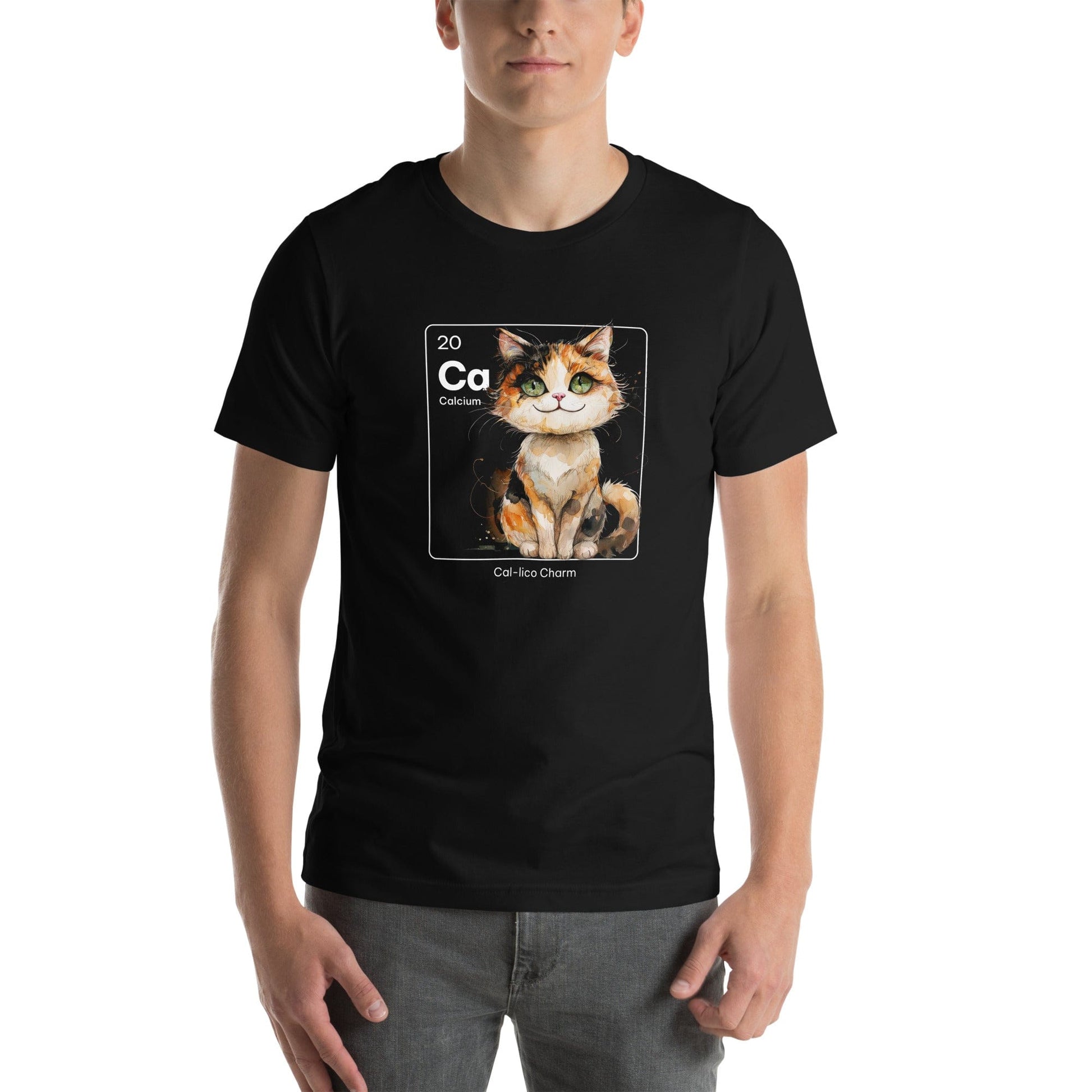 Man wearing black t-shirt featuring a periodic table-inspired design of a charming, illustrated calico cat within a square labeled 'Ca' for Calcium. Text below reads 'Cal-lico Charm