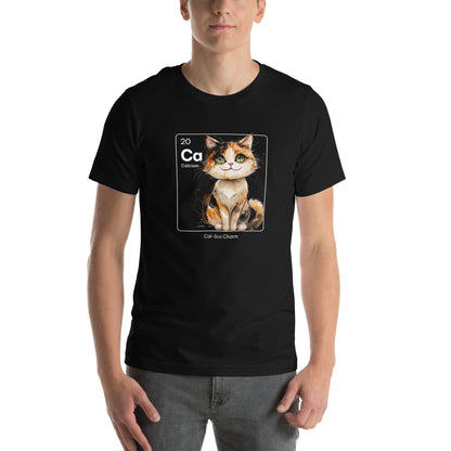 Man wearing black t-shirt featuring a periodic table-inspired design of a charming, illustrated calico cat within a square labeled 'Ca' for Calcium. Text below reads 'Cal-lico Charm