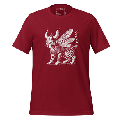 A red t-shirt featuring a detailed illustration of a cat dressed as a Viking warrior, complete with armor, horned helmet, and insect-like wings. The cat stands confidently with intricate linework and patterns enhancing the design.