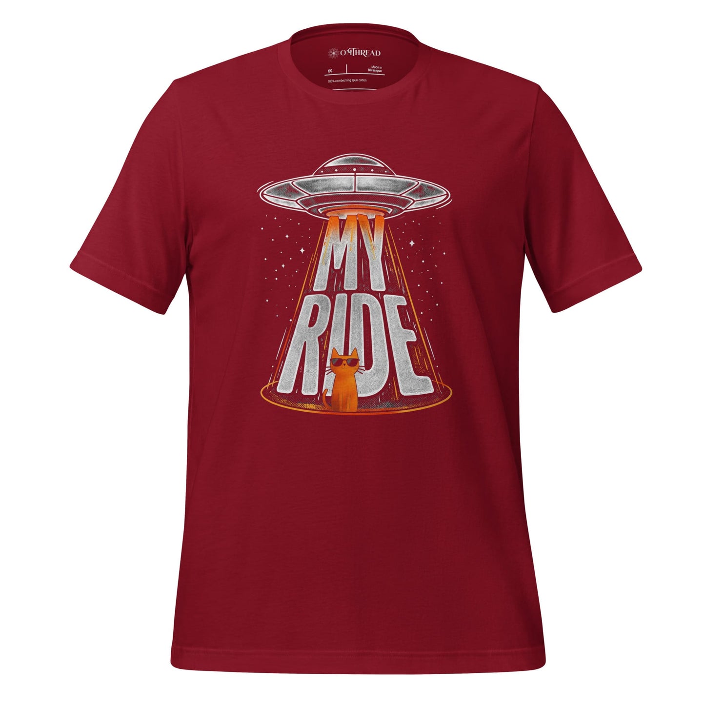 OMTHREAD Cardinal / XS Funny Orange Cat UFO Shirt Alien Cat Sci Fi My Ride Tee
