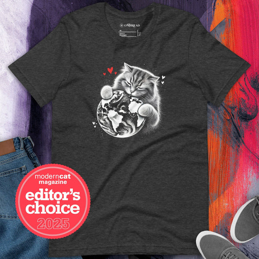 OMTHREAD Cat Hugging Earth T-Shirt | Love Earth Tee | Planet Awareness Cat
