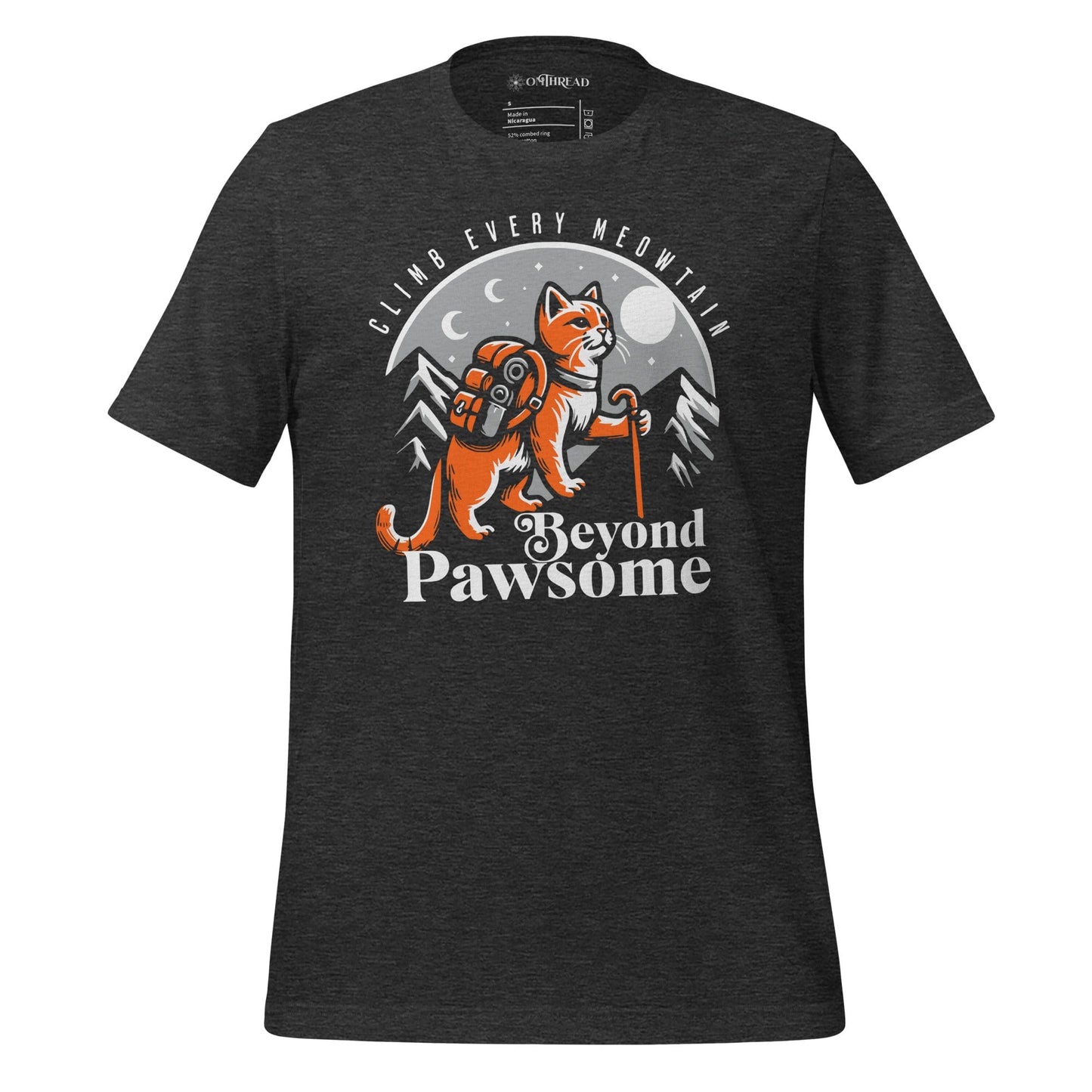 Dark gray t-shirt featuring an adventurous orange cat with a backpack and hiking stick, standing against a mountain and moonlit night backdrop. Text above reads 'Climb Every Meowntain,' and below it says 'Beyond Pawsome' in bold white letters.