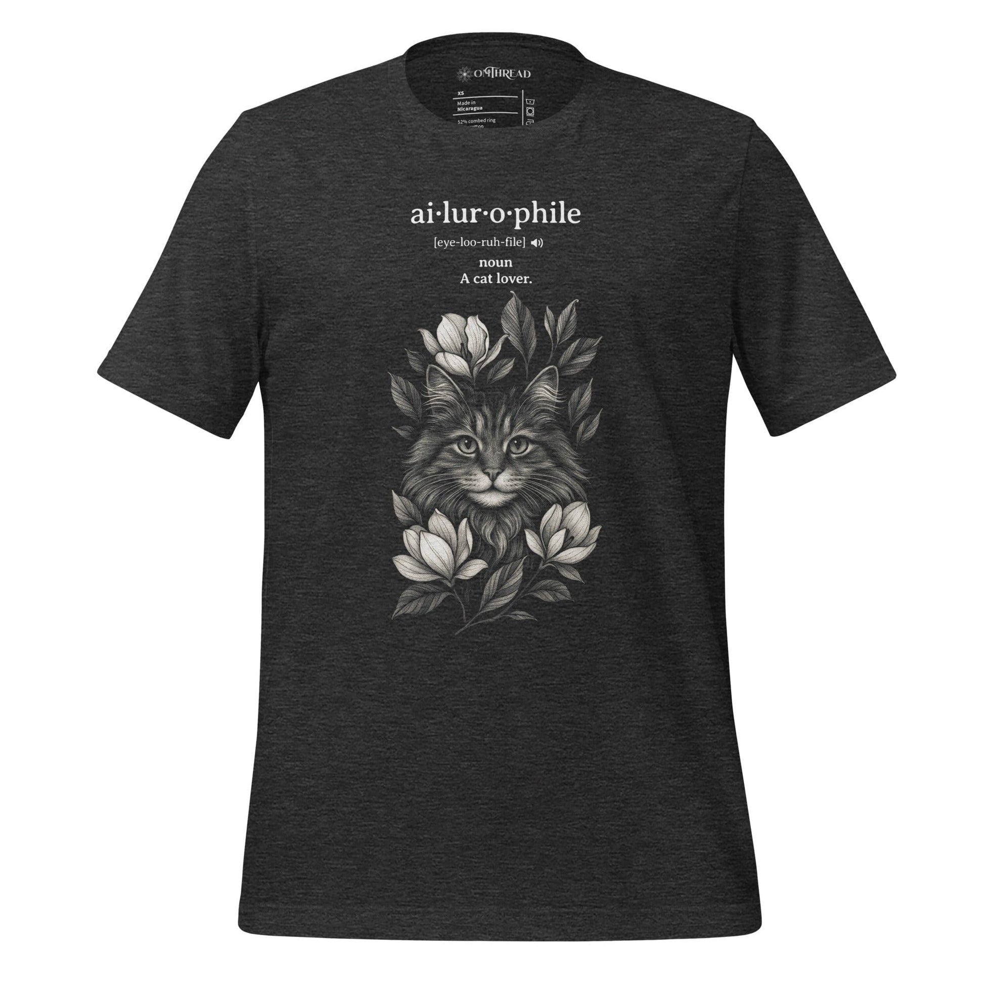 OMTHREAD Dark Grey Heather / XS Ailurophile Definition T-Shirt Floral Cat Lover Gift