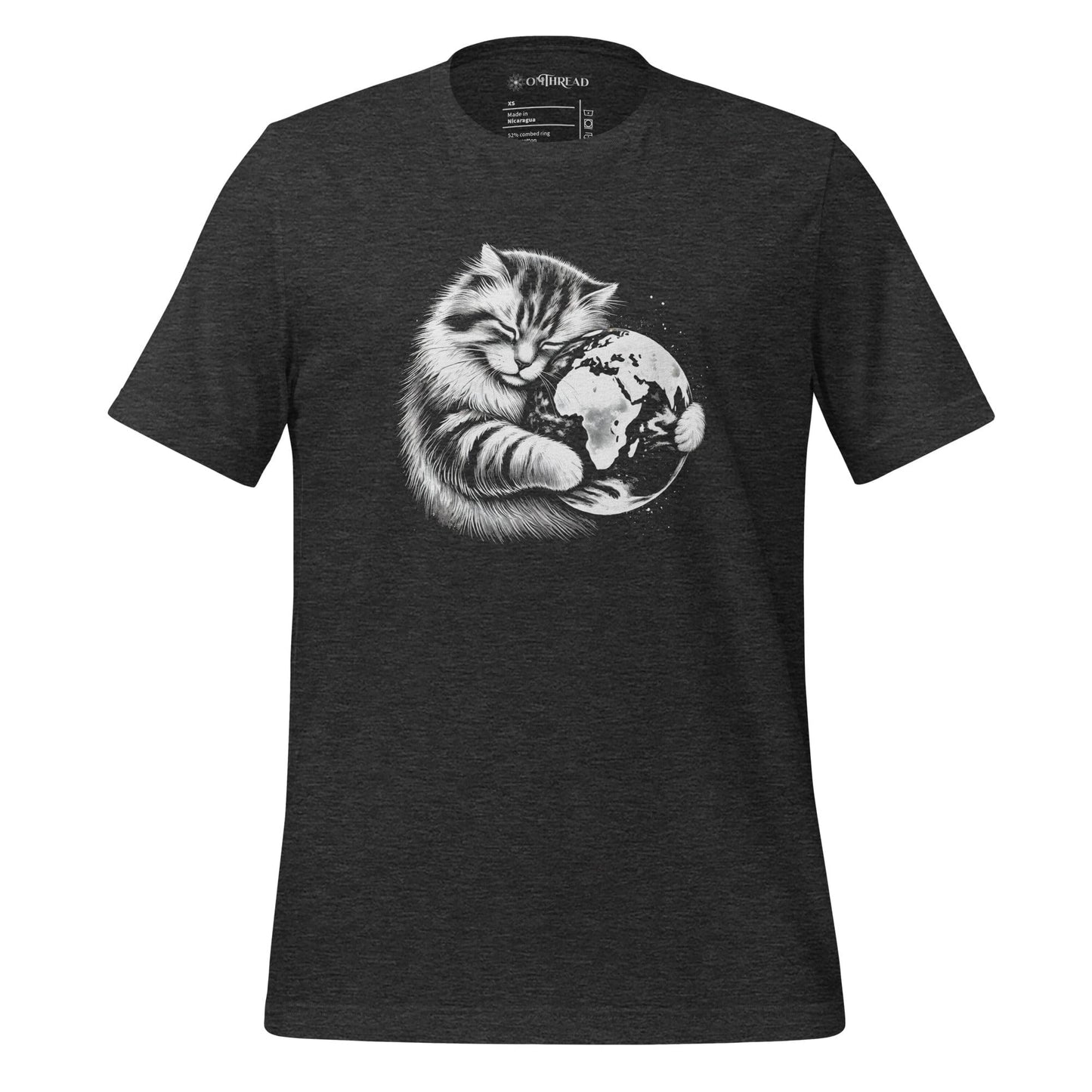 OMTHREAD Dark Grey Heather / XS Earth Hugging Cat T-Shirt | Climate Change Awareness Tee | Sustainable Planet Lover Shirt