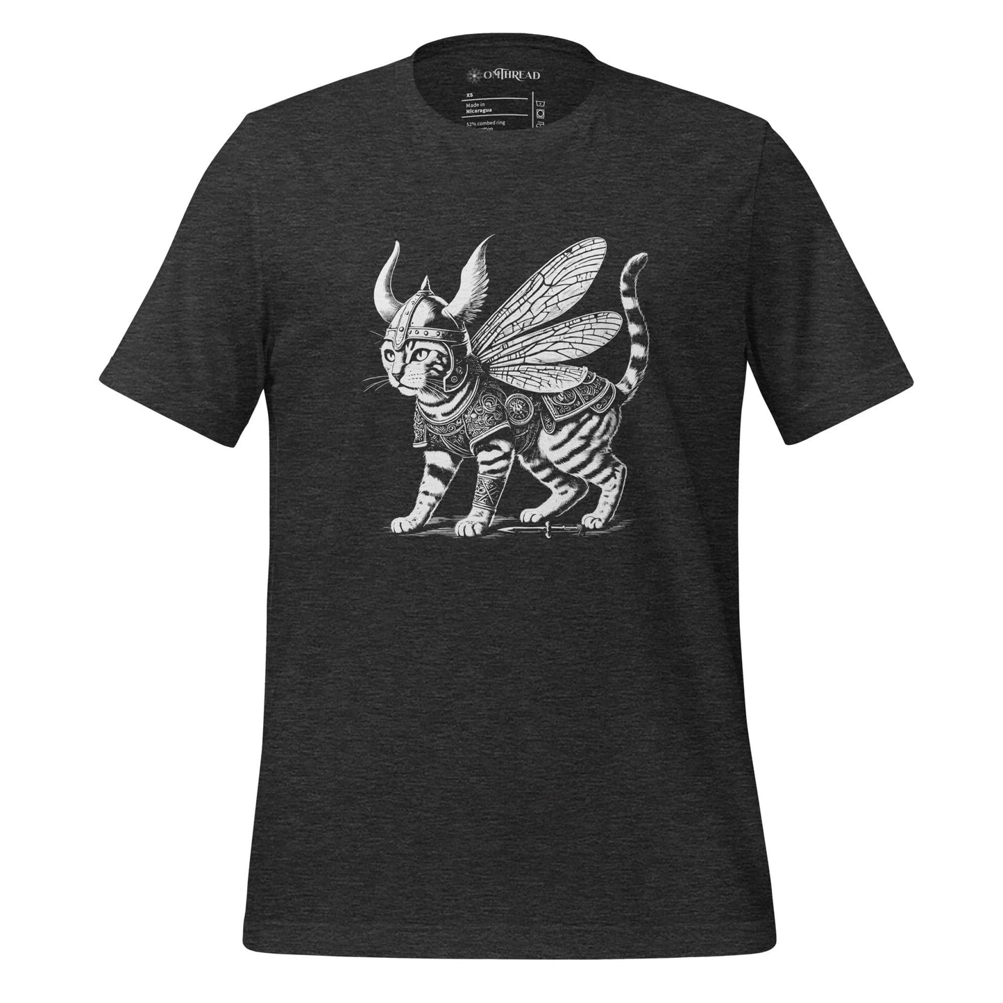 A dark gray t-shirt featuring a detailed illustration of a cat dressed as a Viking warrior, complete with armor, horned helmet, and insect-like wings. The cat stands confidently with intricate linework and patterns enhancing the design.