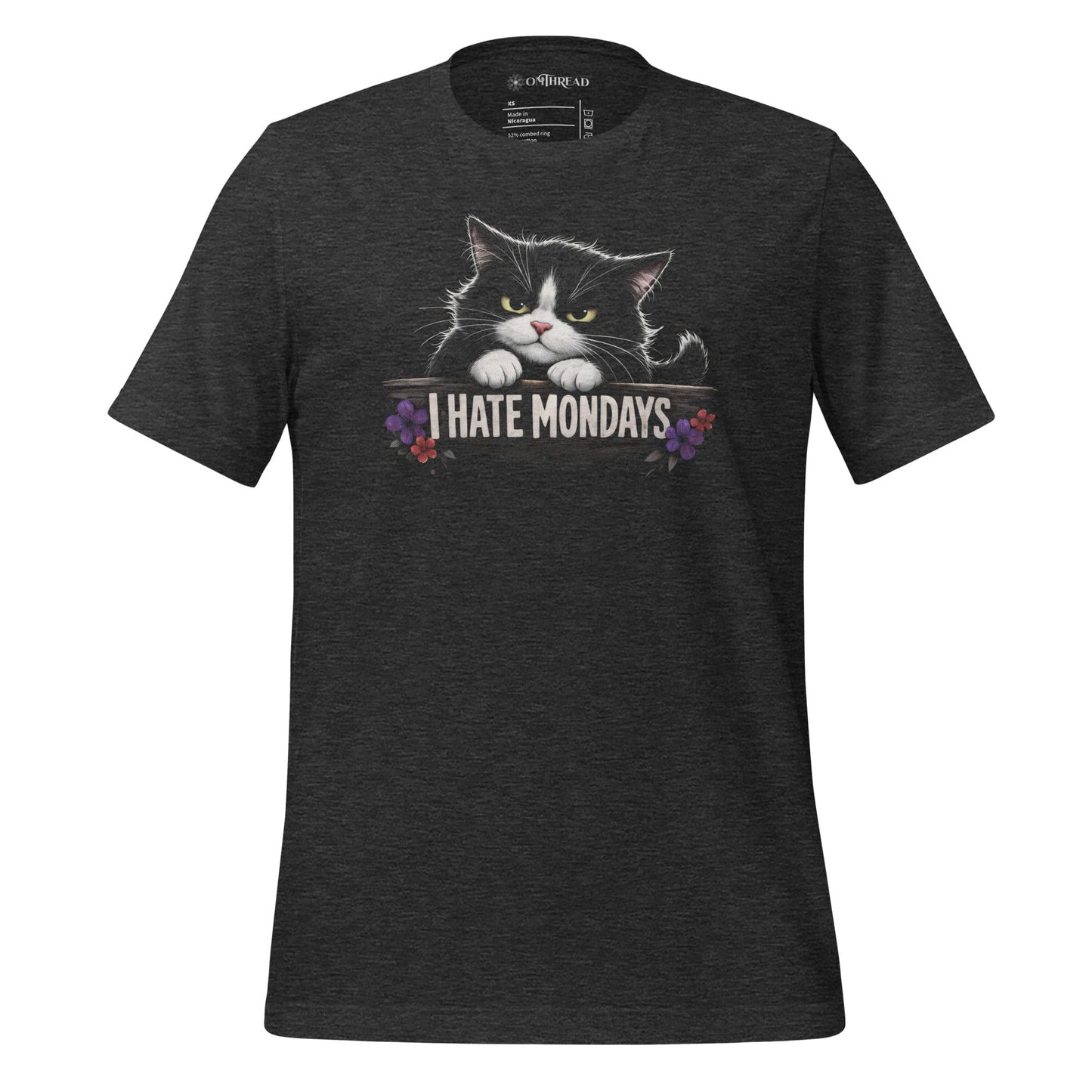 OMThread charcoal heather t-shirt with grumpy tuxedo cat peeking over “I HATE MONDAYS” text, small floral accents, funny cat lover graphic tee