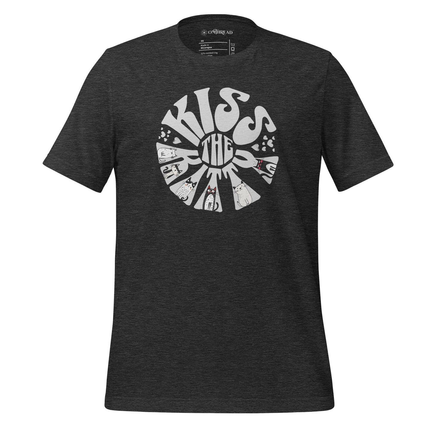 Dark gray t-shirt with a circular, retro-style design that reads 'Kiss the Kitty.' The letters form a sunburst shape with playful illustrations of various cats integrated into the text and surrounding shapes.