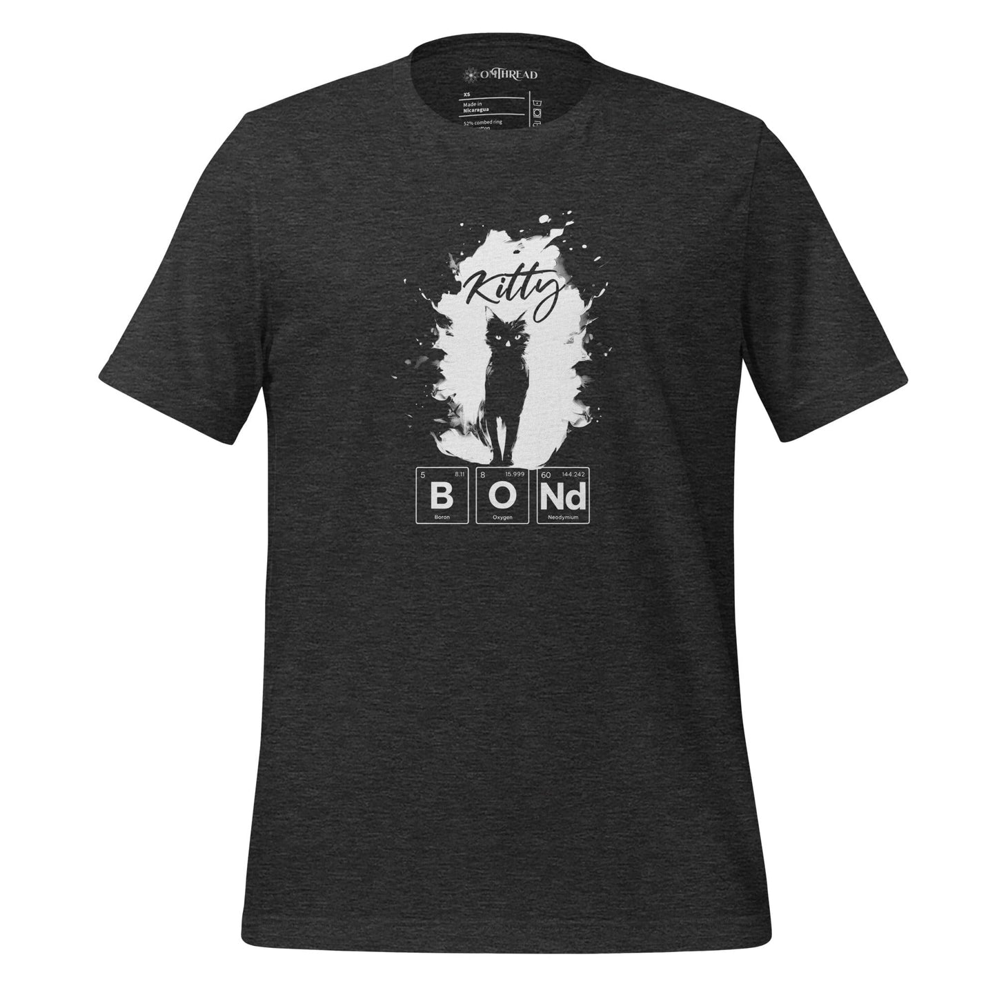 Charcoal t-shirt featuring a silhouette of a black cat within a white paint splatter design. Above the cat, the word 'Kitty' is written in cursive, and below, 'BOND' is spelled out using periodic table elements: Boron (B), Oxygen (O), and Neodymium (Nd).