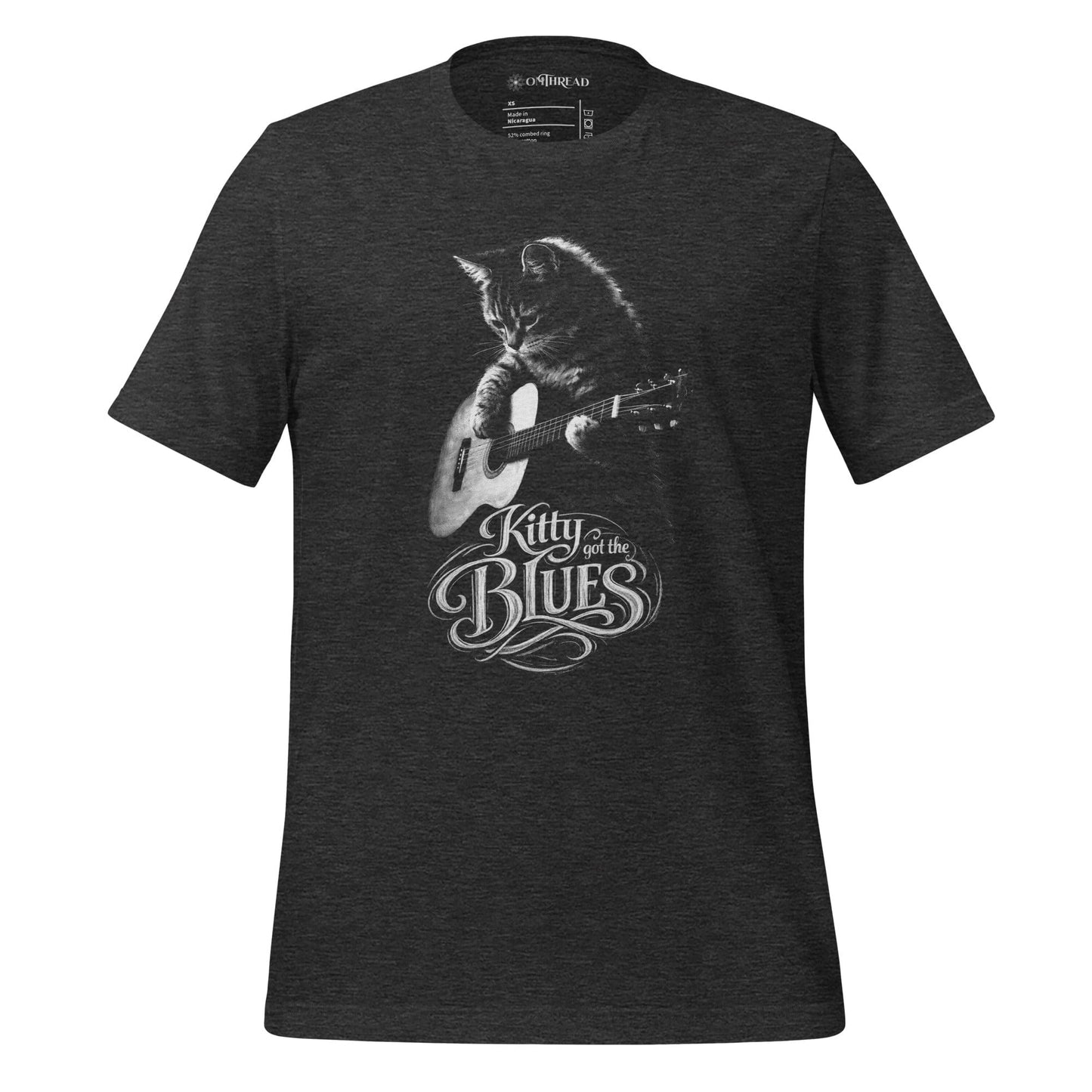 OMTHREAD Dark Grey Heather / XS Kitty Got the Blues Cat Guitar Graphic T Shirt for Music Lovers