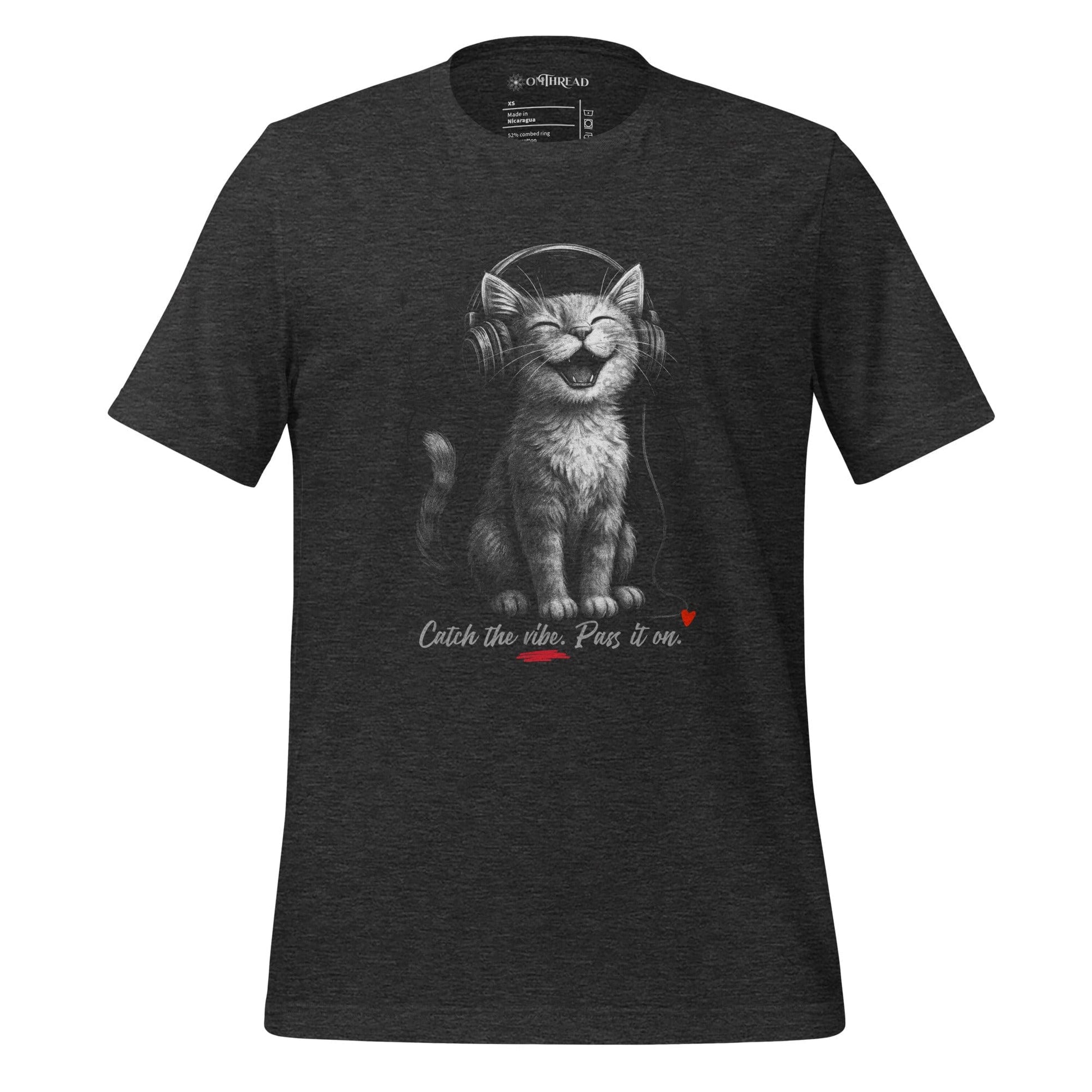 OMTHREAD Dark Grey Heather / XS Musical Vibes Cat T-Shirt, Smiling Cat Shirt for Cat Lovers, Giftable Positive Vibes Cat Tee