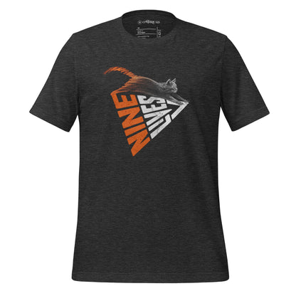 OMThread dark gray t-shirt with Nine Lives angled triangle text and leaping cat graphic