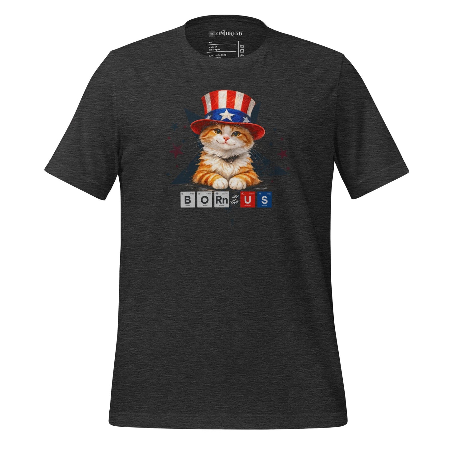 OMTHREAD Dark Grey Heather / XS Patriot Ginger Cat Graphic Tee Born in USA 4th July