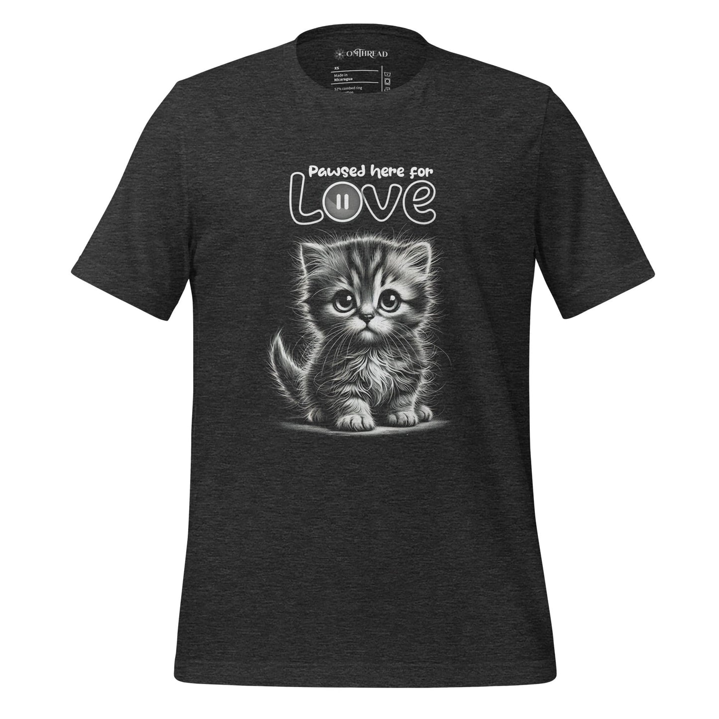 OMTHREAD Dark Grey Heather / XS Pawsed Here for Love T-Shirt | Cute Kitten Graphic Tee for Cat Lovers