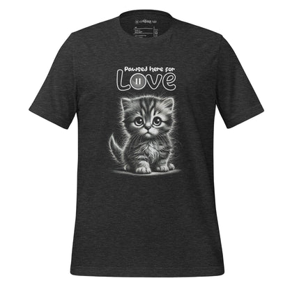 OMTHREAD Dark Grey Heather / XS Pawsed Here for Love T-Shirt | Cute Kitten Graphic Tee for Cat Lovers