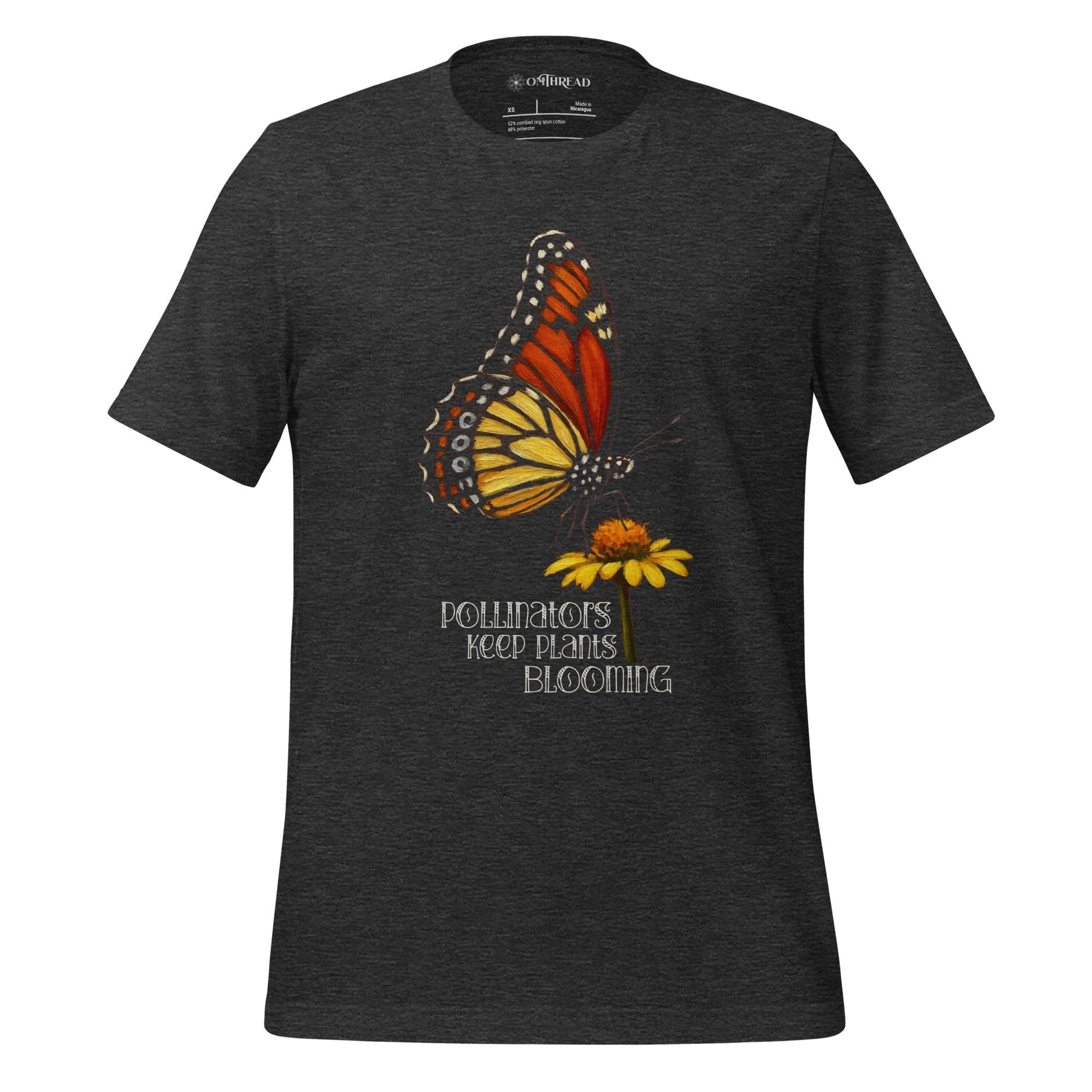 OMTHREAD Dark Grey Heather / XS Pollinators Keep Plants Blooming Monarch Butterfly and Daisy Graphic Tee