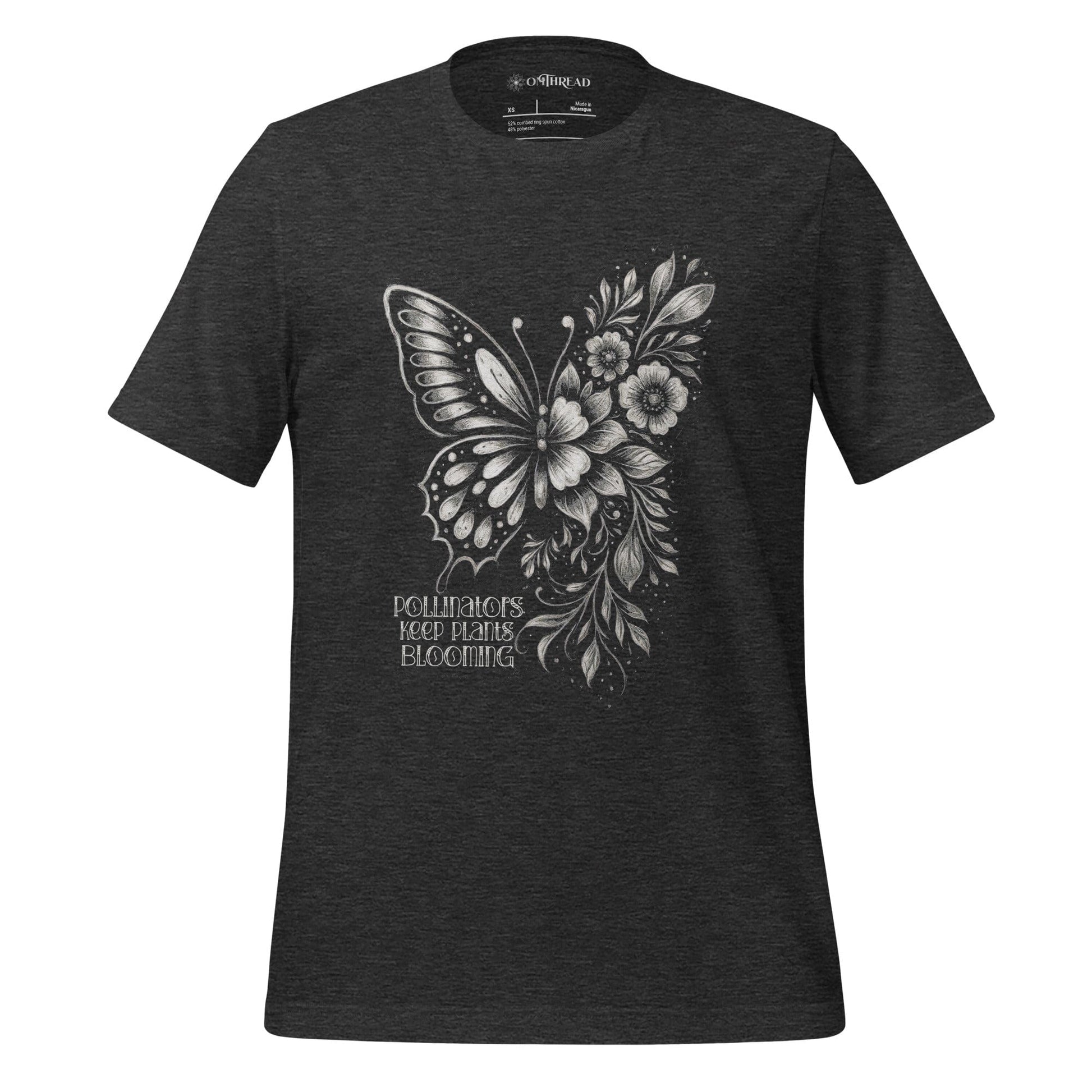 OMTHREAD Dark Grey Heather / XS Pollinators Keep Plants Blooming T-Shirt Nature Conservation Butterfly Floral Design