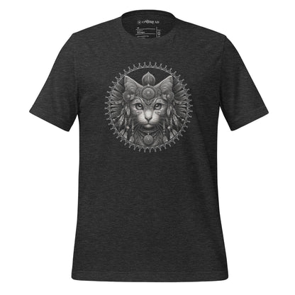 OMTHREAD Sacred Mandala Shaman Cat Dark Gray T-Shirt featuring a detailed mandala design with a cat and spiritual elements.