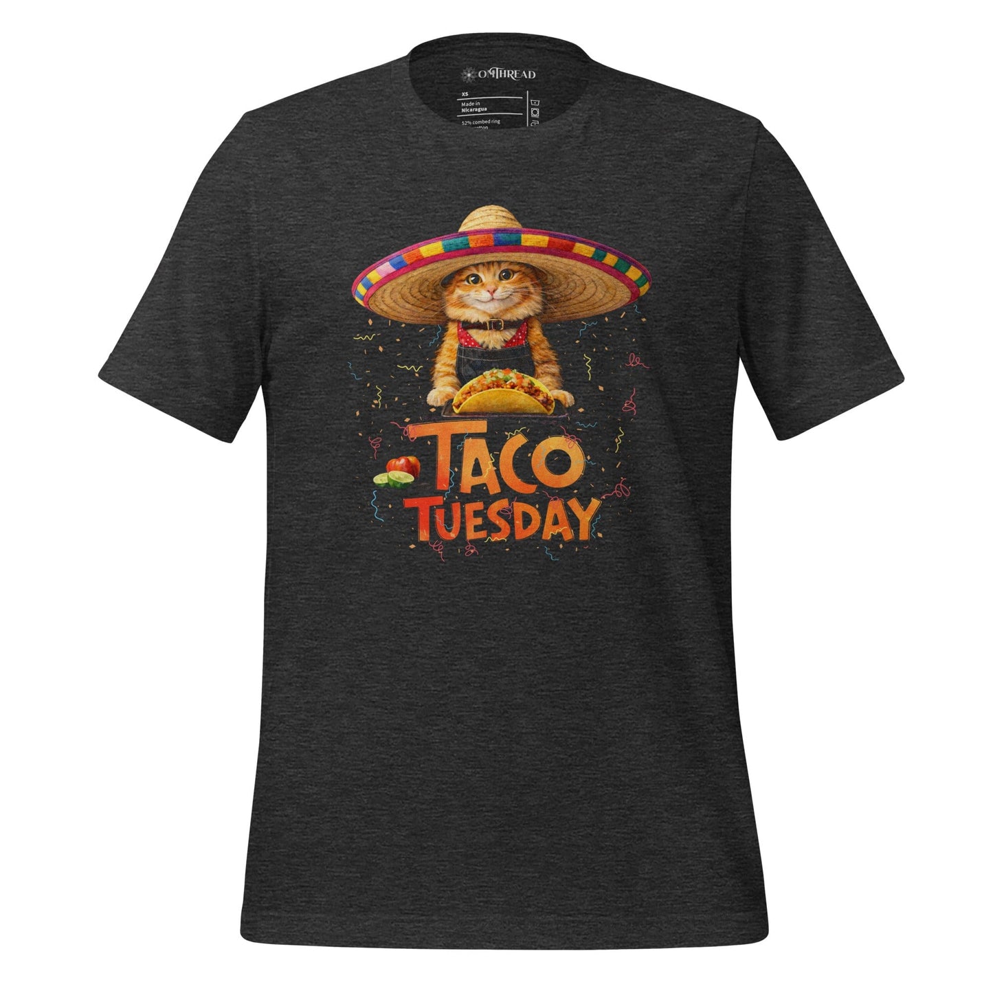 OMTHREAD Dark Grey Heather / XS Taco Tuesday Orange Cat Shirt Sombrero Fiesta Funny Tee