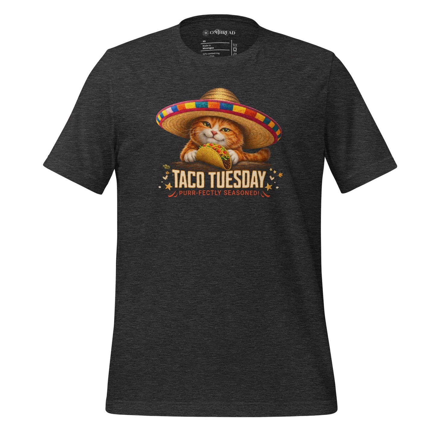 OMTHREAD Dark Grey Heather / XS Taco Tuesday Orange Cat Shirt Sombrero Fiesta Graphic Tee