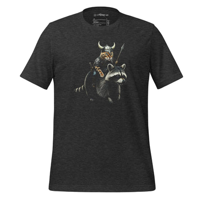 A dark gray t-shirt featuring a detailed illustration of a Viking cat wearing a horned helmet and armor, holding a spear, and riding a fierce-looking raccoon. 