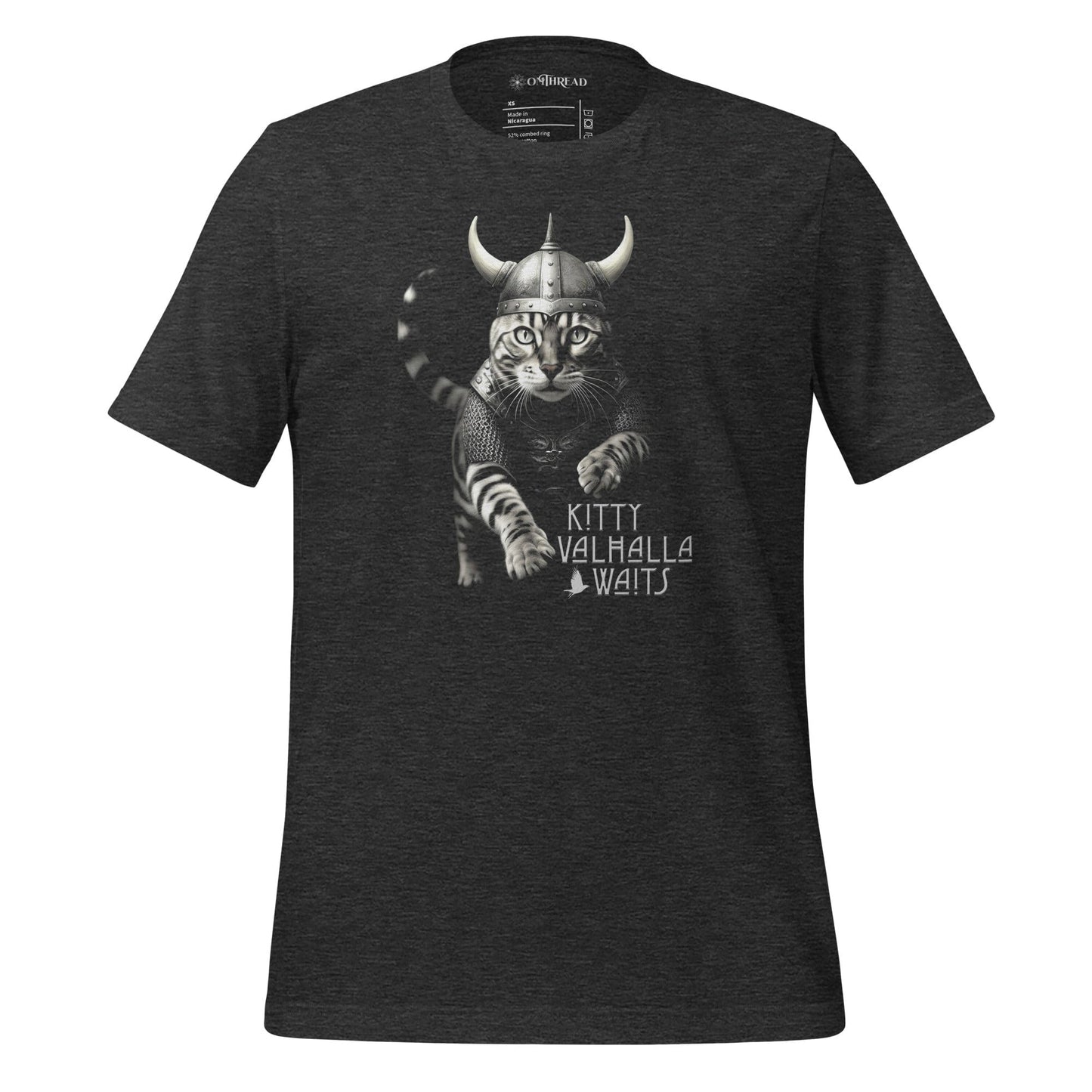 A dark gray t-shirt featuring a Viking-themed design of a fierce bengal cat wearing a horned helmet and armor. The text below reads 'Kitty Valhalla Waits' in bold, stylized font. 