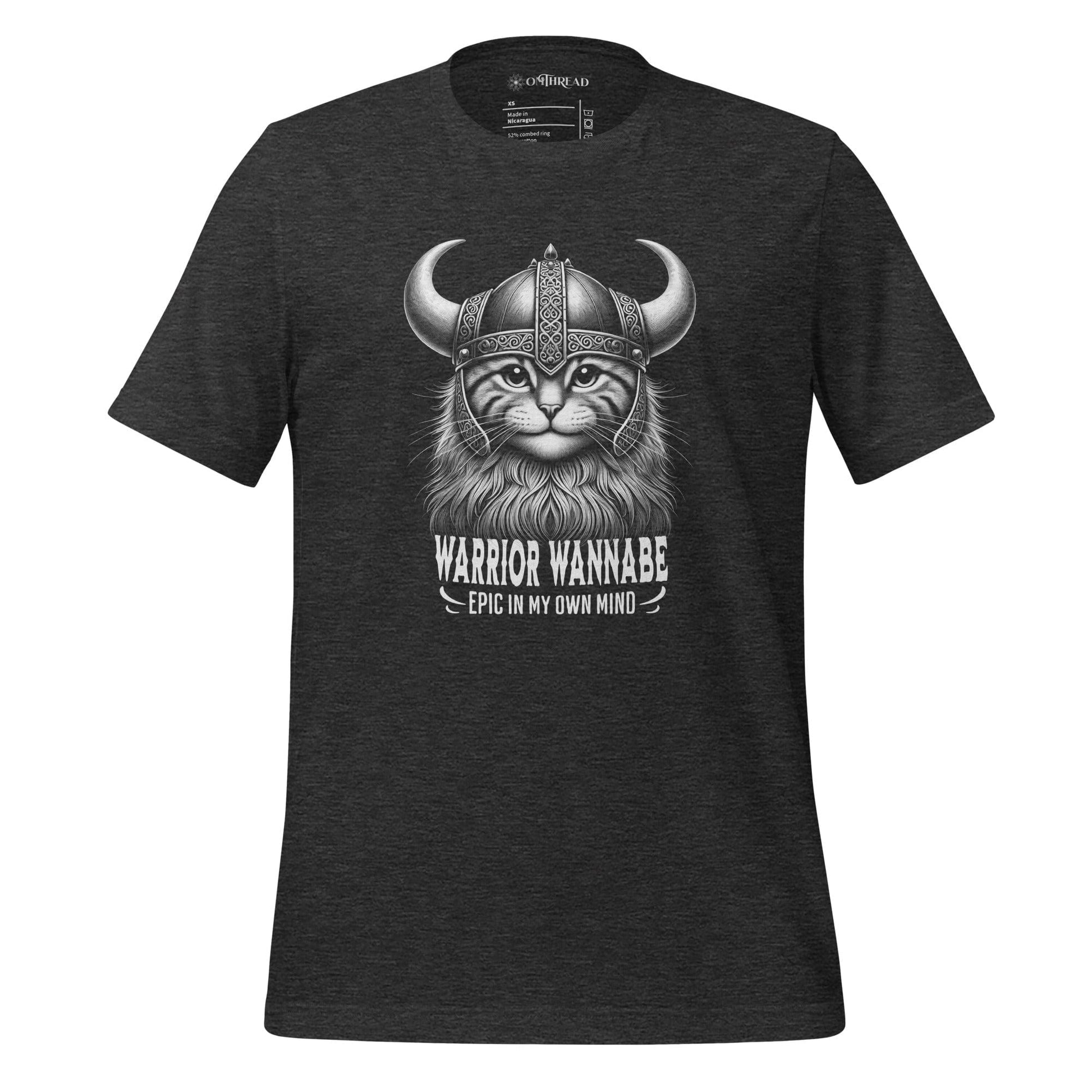 OMThread Warrior Wannabe Cat dark gray T-Shirt featuring a Viking cat with a horned helmet and a majestic beard, humorously captioned Epic in My Own Mind