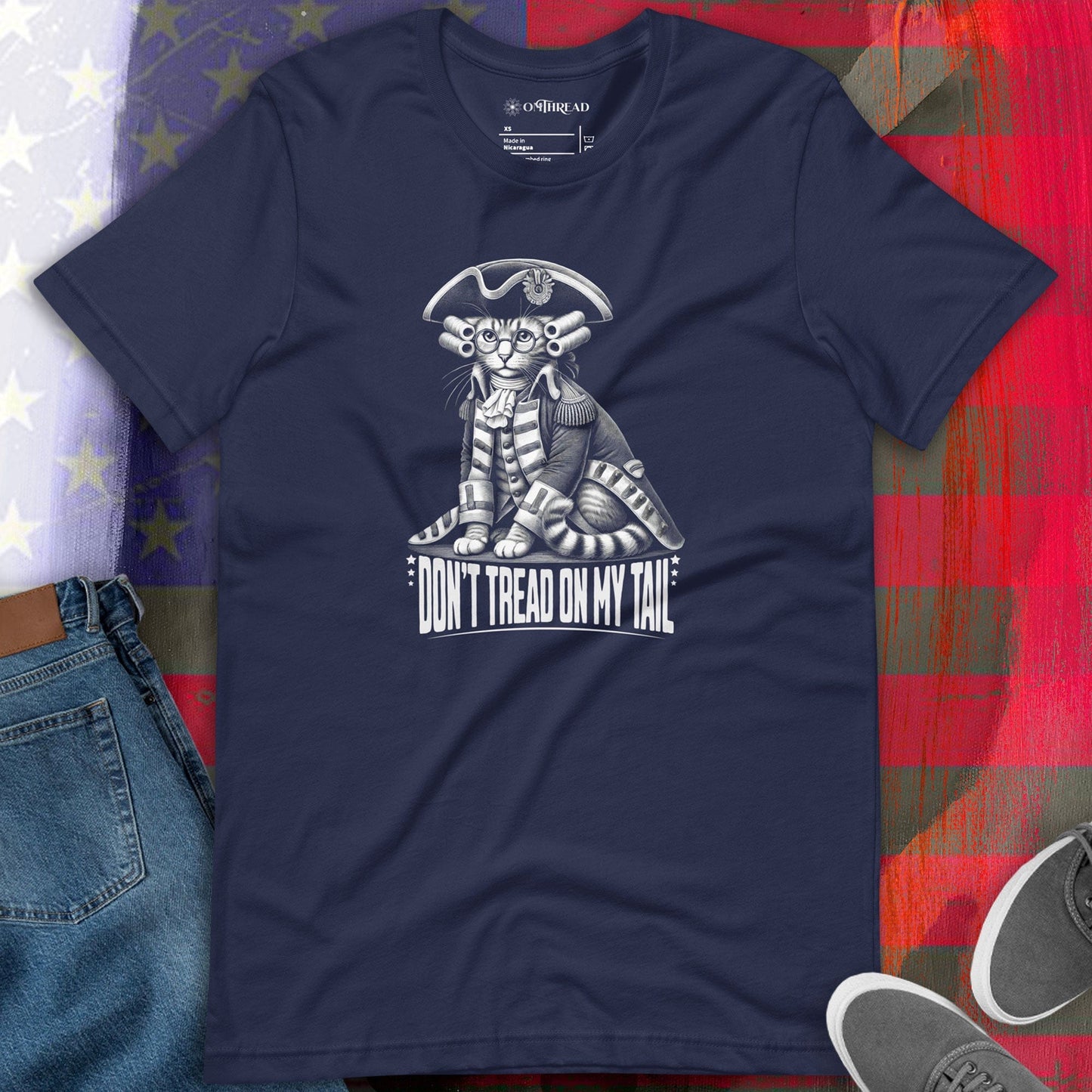 OMTHREAD Don't Tread On My Tail Cat T-Shirt | Patriotic Cat Tee | Funny Cat Shirt