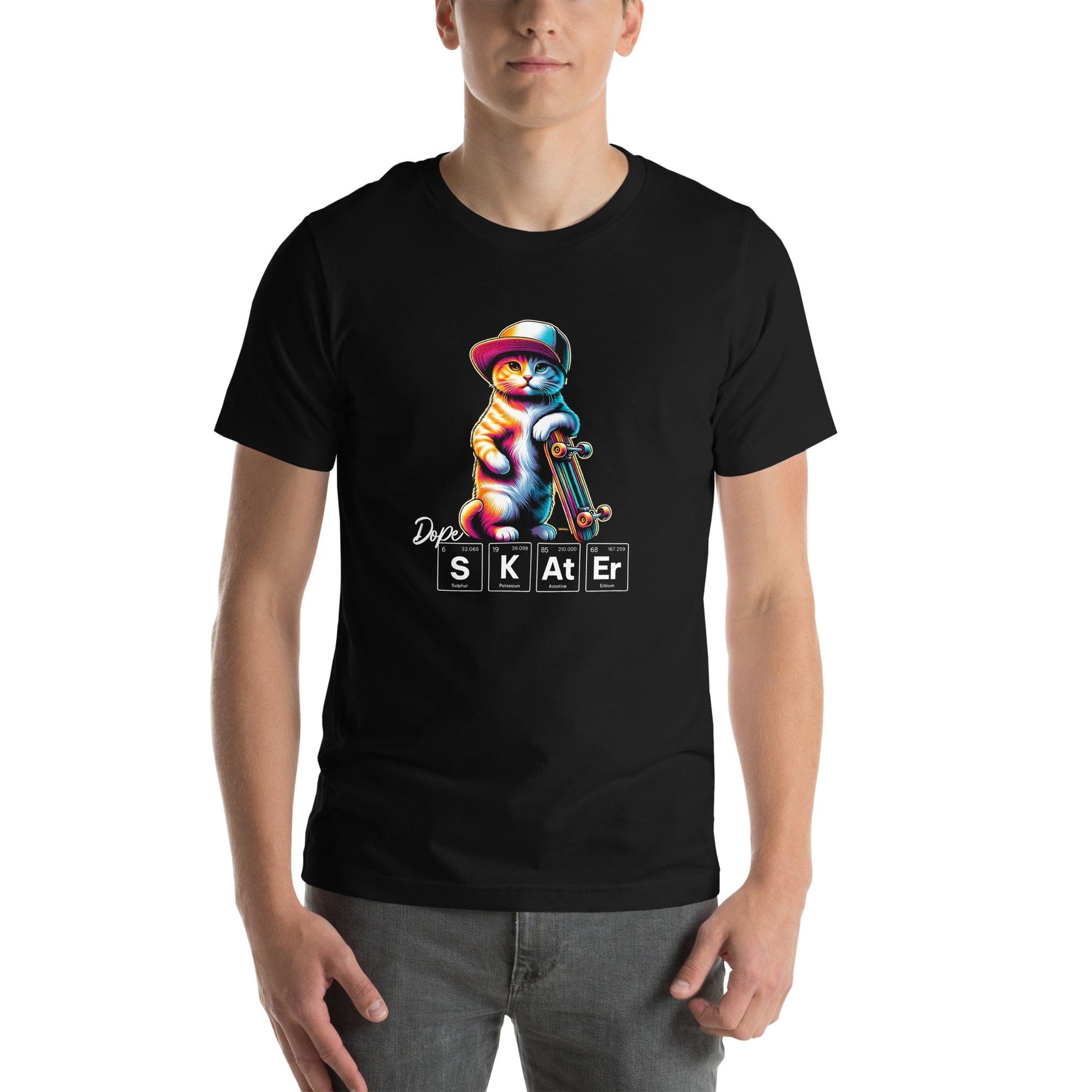 Man wearing black t-shirt featuring a colorful illustration of a cat in a hat holding a skateboard. Below the cat, the word 'SKATER' is spelled out using periodic table elements: Sulfur (S), Potassium (K), Astatine (At), and Erbium (Er).