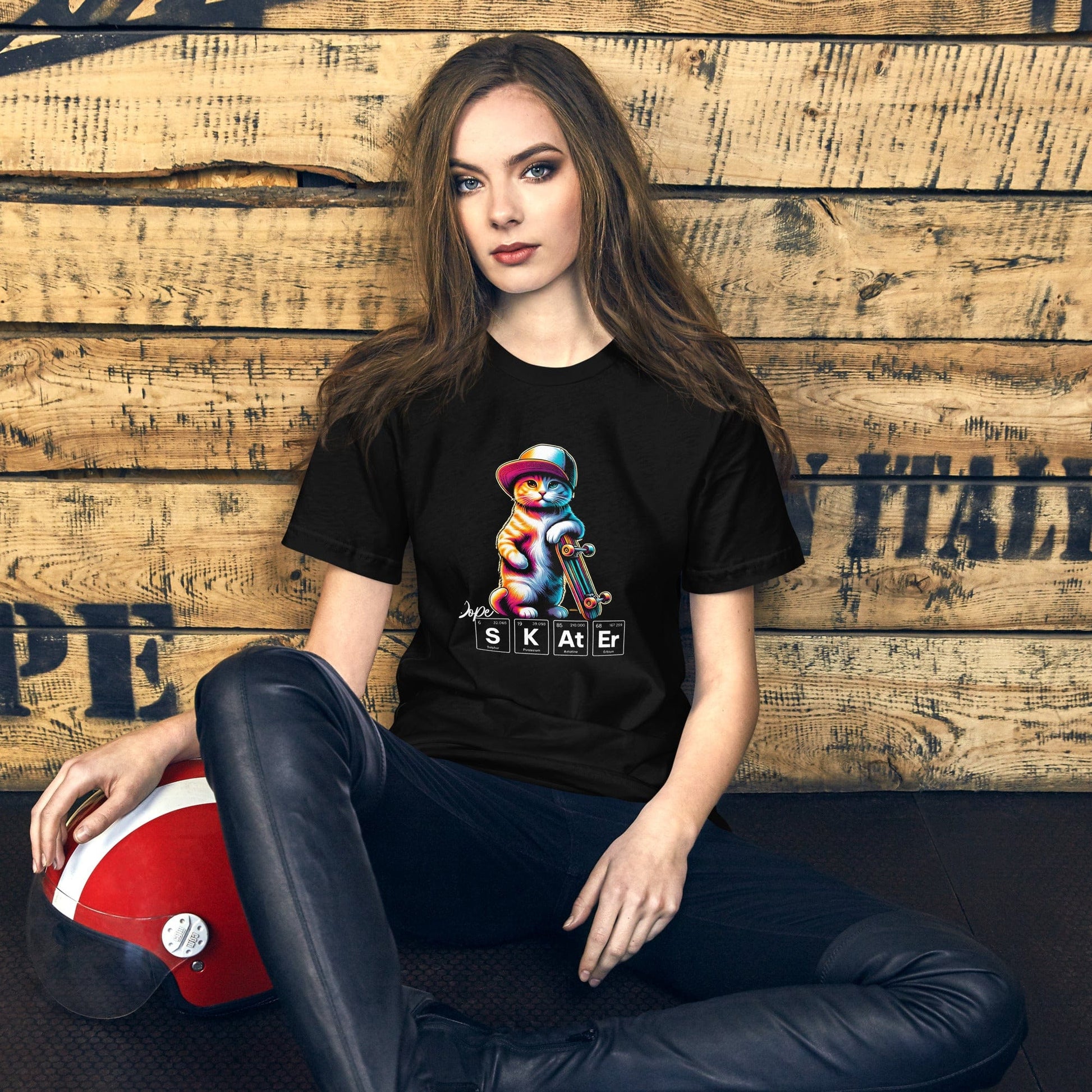 Female wearing black t-shirt featuring a colorful illustration of a cat in a hat holding a skateboard. Below the cat, the word 'SKATER' is spelled out using periodic table elements: Sulfur (S), Potassium (K), Astatine (At), and Erbium (Er).